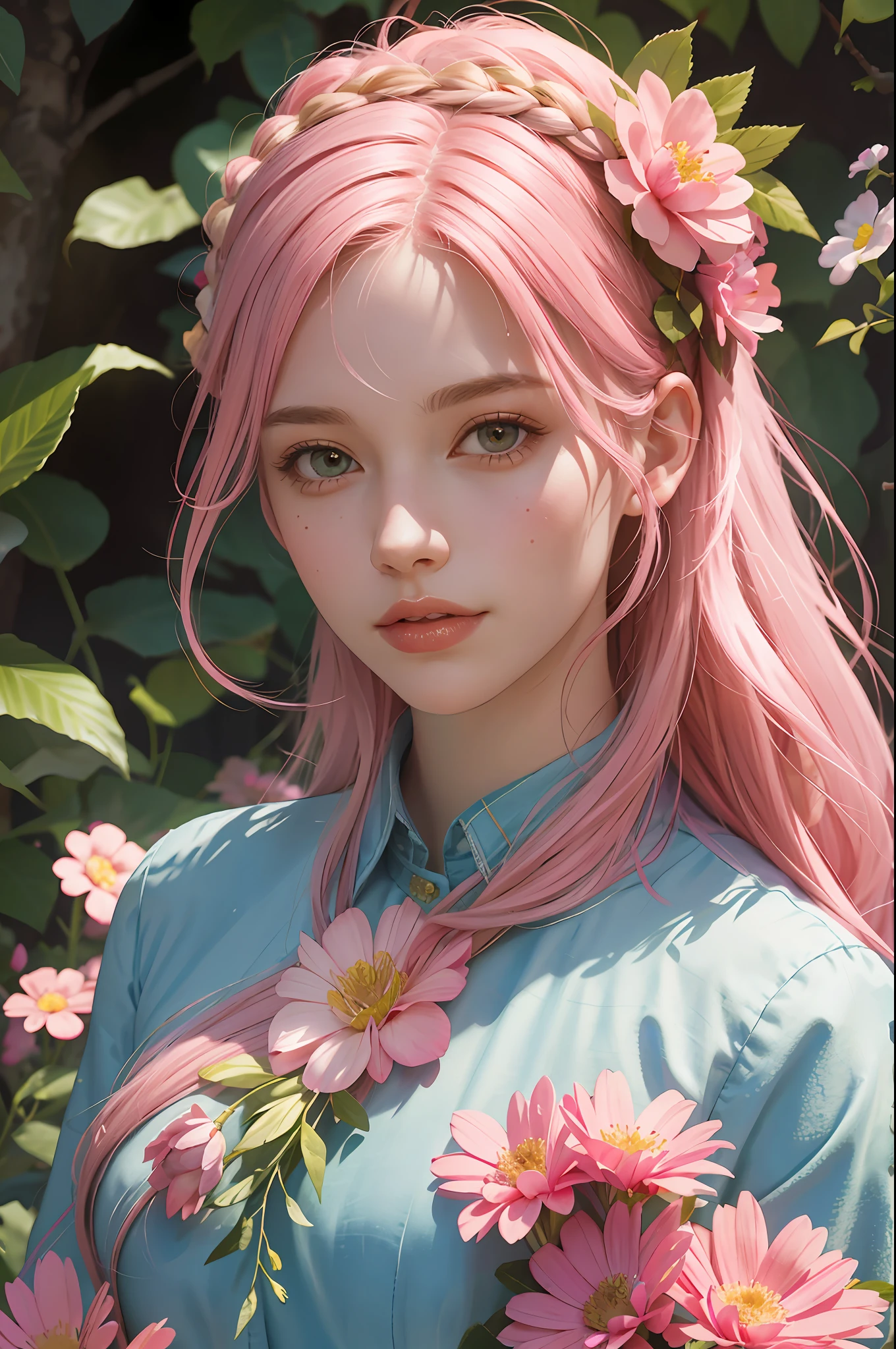 A woman with pink hair and flowers in her hair, beautiful fantastic art portrait, realistic portrait of a fairy, beautiful fantastic portrait