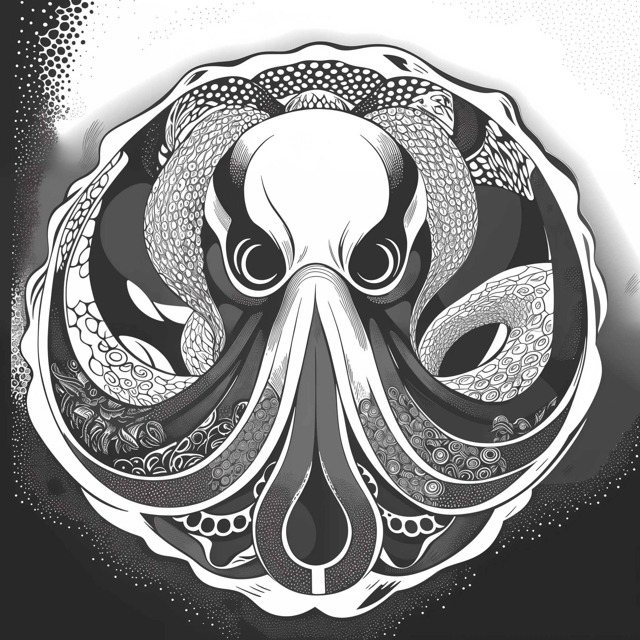 linocut print source graphic, vector graphic, black and white, octopus --auto --s2