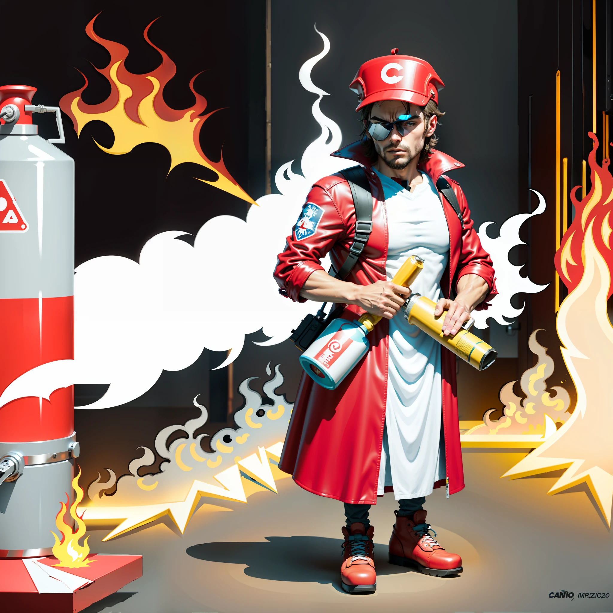 Capo, holding a fire extinguisher