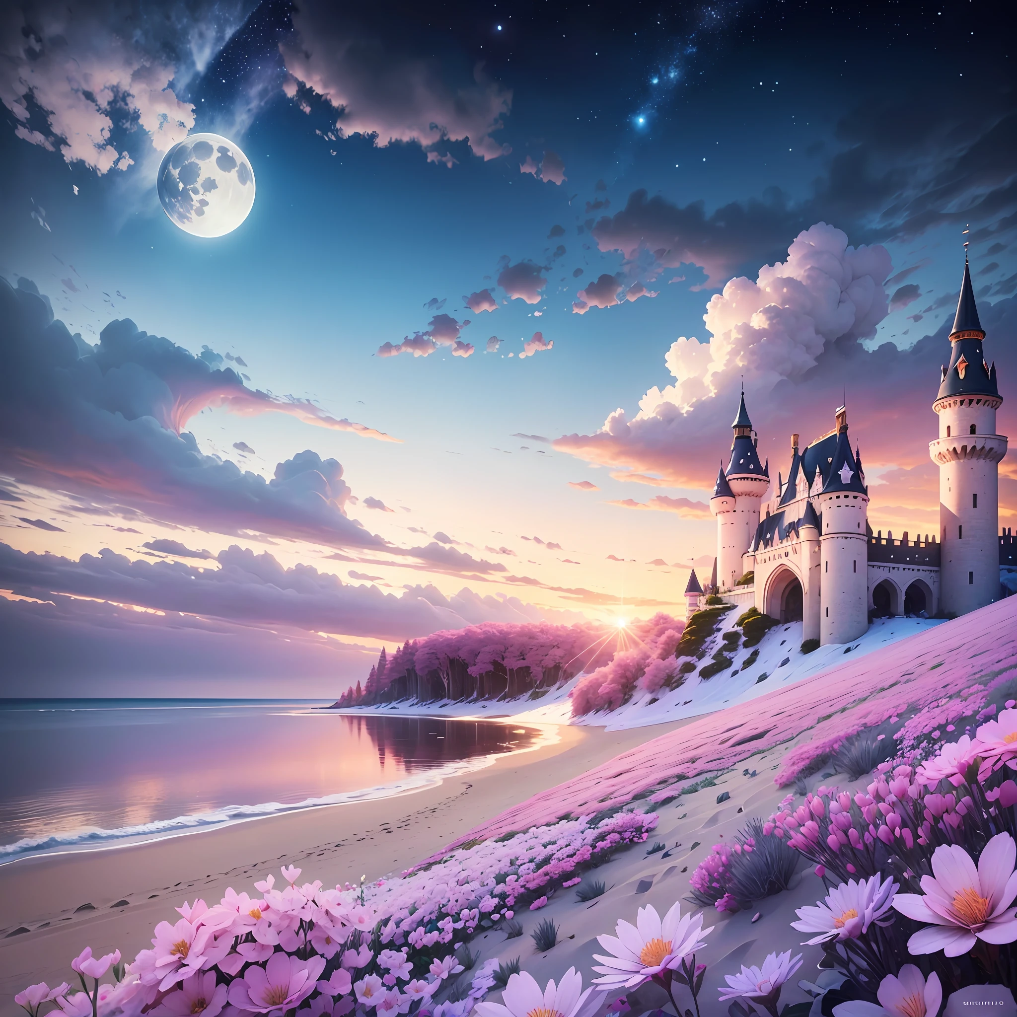 Castle, flowers, delicate scene, sky, white clouds, and sunlight shine on the snow-white beach. birds, pink flowers and bright big shells, diamond crystal, on the beach, fantasy, night sky, moon, smoke, fire, photo, HD, 8K, UHD, super detail, high quality, 1080P --auto --s2