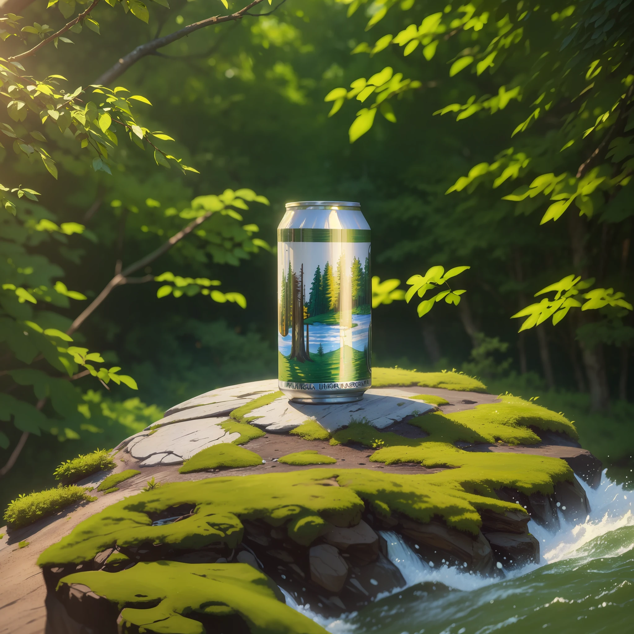 ((Best quality, 8k, Masterpiece :1.3)), creamy light, beer can on top of a rock, woods, nature, predominant colors green, leaves in the wind --auto --s2