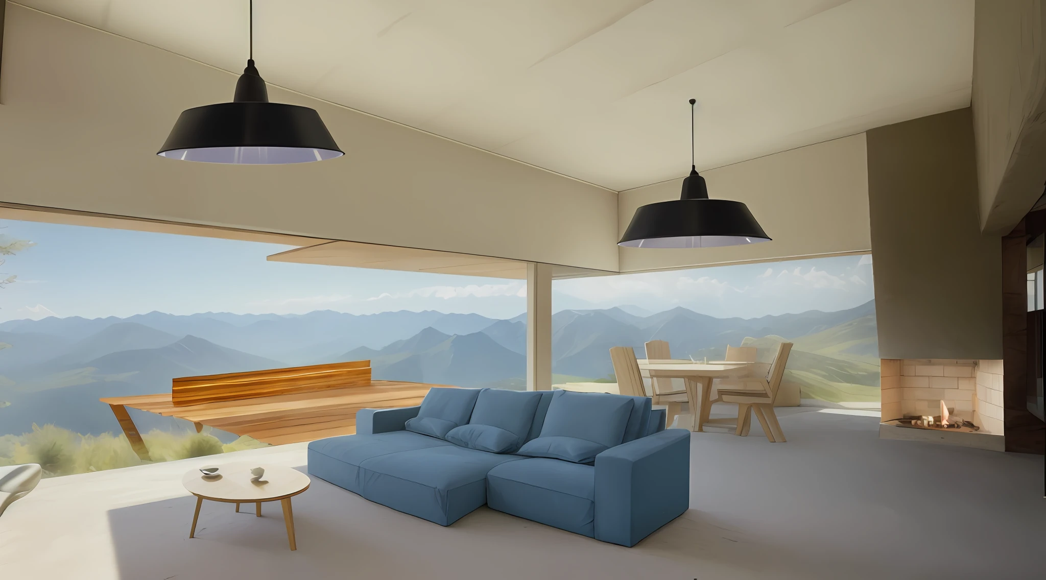 There is a blue sofa and a table in a room, integrated in the mountains, photographic render, architectural render, render Lumi, architecture rendering, architectural visualization, atmospheric rendering, highly photographic rendering, photorealistic rendering, photorealistic rendering, brilliant rendering, high rendering, realistic concept, photorealistic rendering, 3 ds max + v-ray, lumion rendering, 8K, ULTRA REALISTIC, set