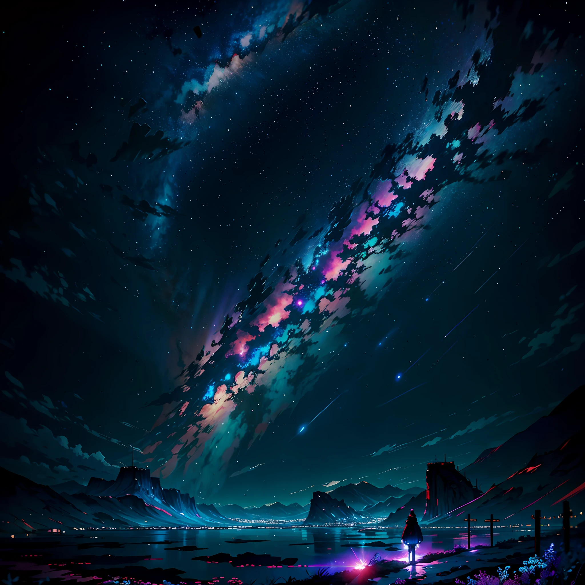 towers of god, blue towers, violet, blue, red, god, red sky, violet sky, starry sky, stars, starry towers, starry god, light blue, civilization, order, one girl standing BREAK Detailed,Realistic,4k highly detailed digital art,octane render, bioluminescent, BREAK 8K resolution concept art, realism,by Mappa studios,masterpiece,best quality,official art,illustration,ligne claire,(cool_color),perfect composition,absurdres, fantasy,focused,rule of thirds