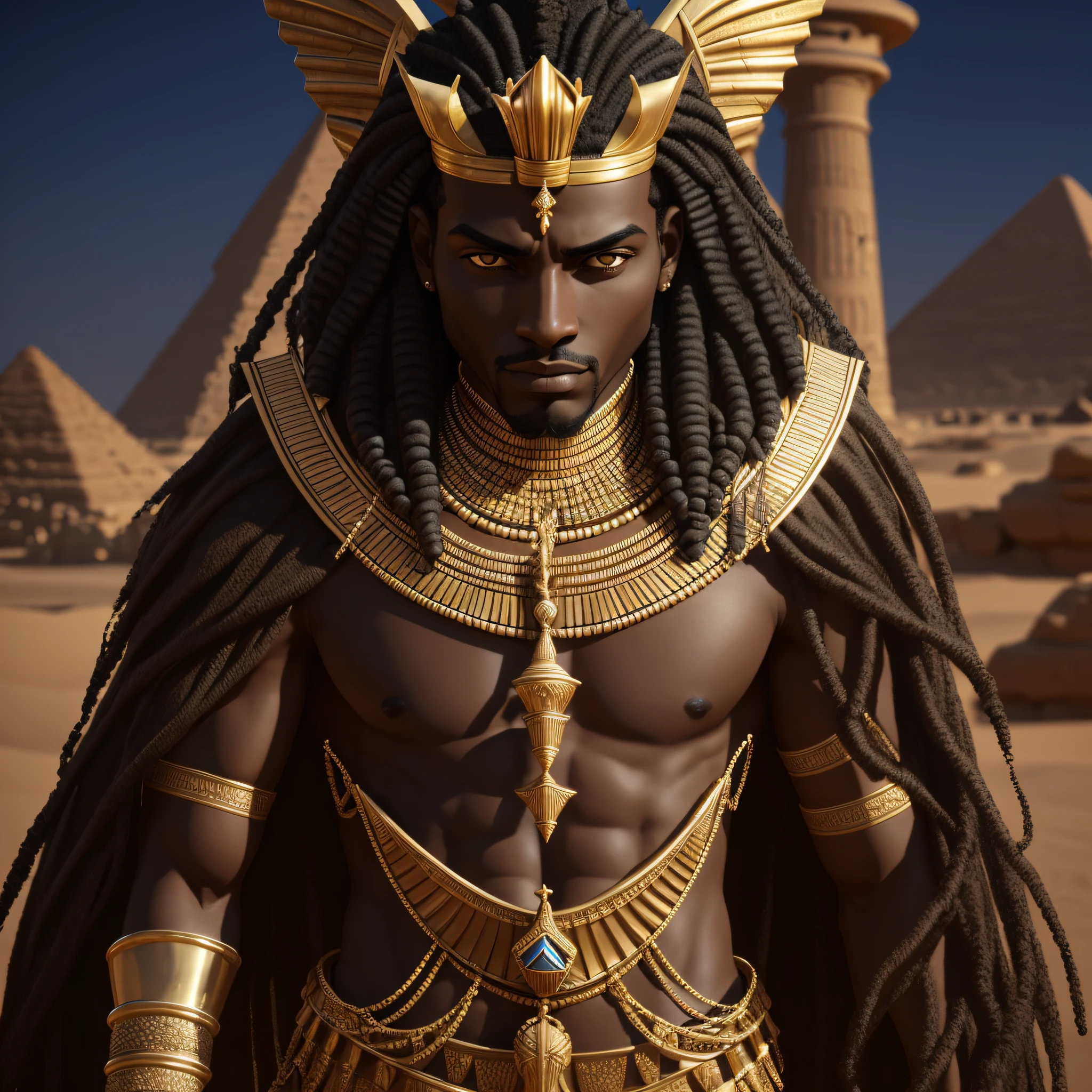 Realistic image, black pharaoh in the desert, of Egypt with crown --auto --s2