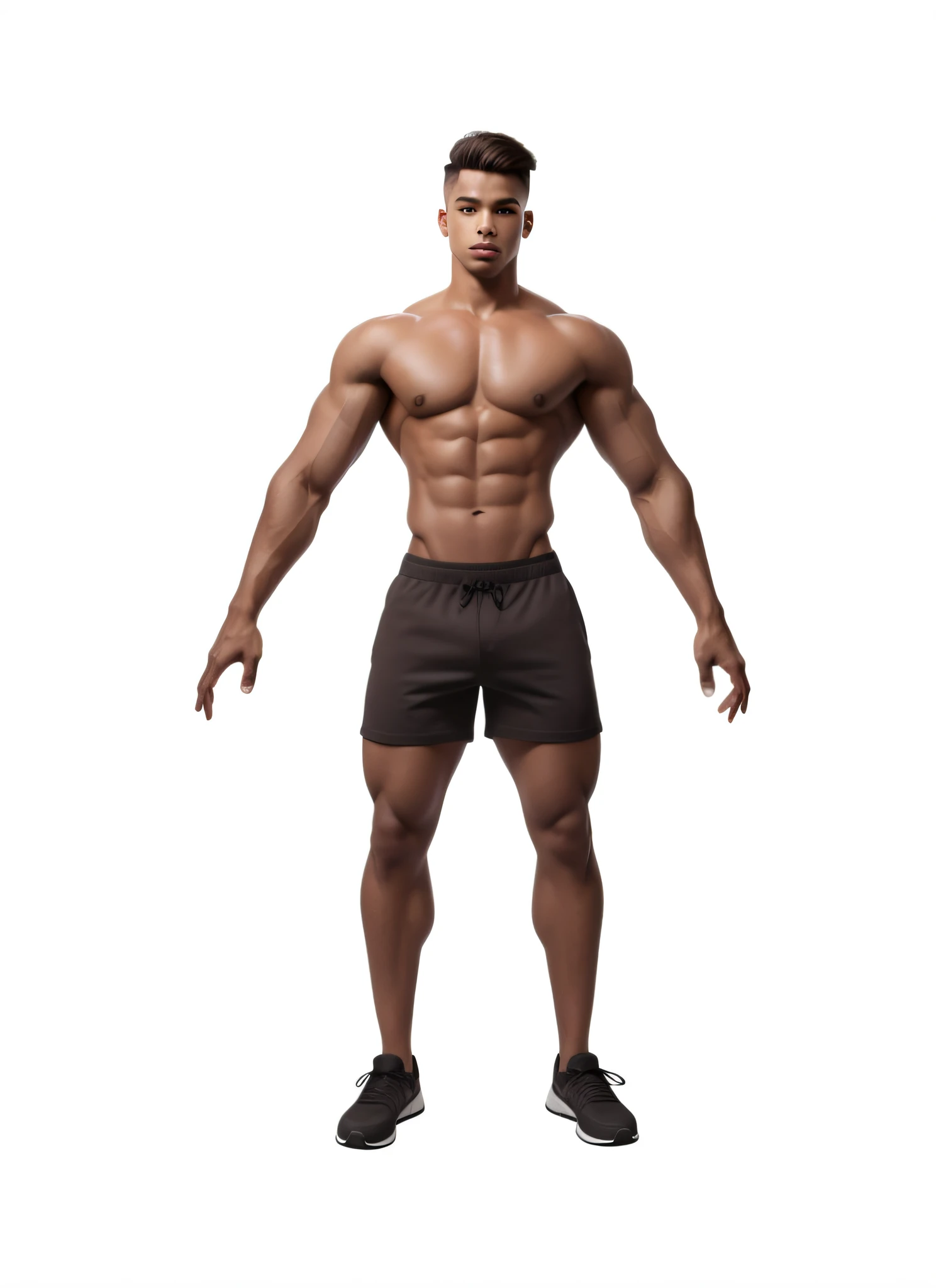 Young male male, photographic model om a gray background, young Brazilian 22 years old, 1.90m tall, 80kg weight, brown hair, beautiful, lean muscular physique, athletic body building, slim construction, perfect muscle structure, bodybuilder, photorealistic perfect body, perfect symmetrical body, render Arnold 3D, render Arnold 3D, Full body model, 8K