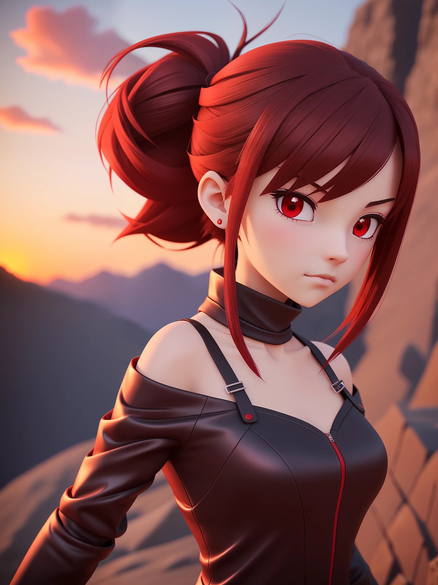 Young girl, a cartoon character dark red outfit, ((cold expression and tired eyes)), ((hair up to shoulder)), (red eyes), stylized character, animation character, stylized 3d render, 3d character, highly detailed character, stylized anime, stylized 3d, render character, character model, closeup, (maximum quality), walking on a mountain at sunset