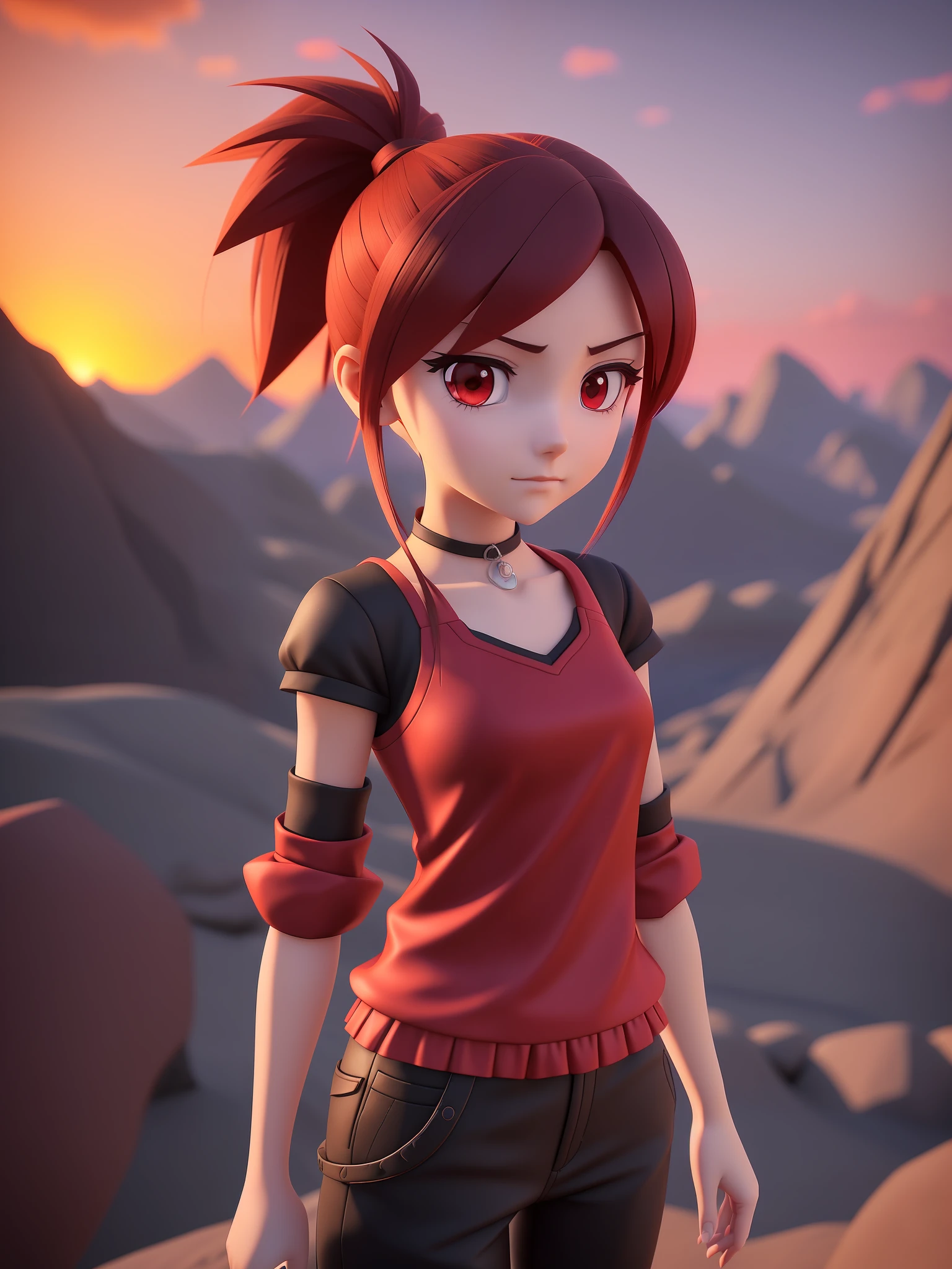  girl, a cartoon character dark red outfit, ((cold expression and tired eyes)), ((hair up to shoulder)), (red eyes), stylized character, animation character, stylized 3d render, 3d character, highly detailed character, stylized anime, stylized 3d, render character, character model, closeup, (maximum quality), walking on a mountain at sunset