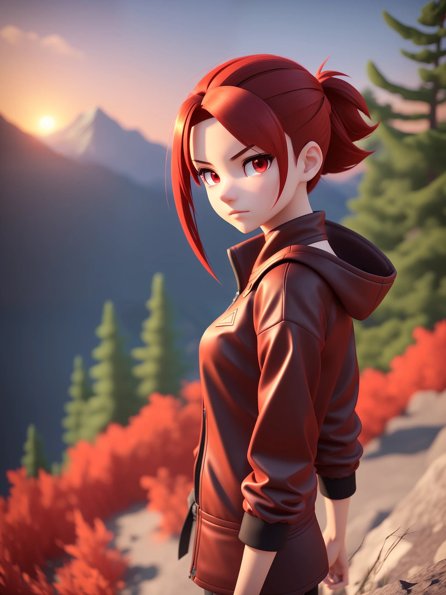 Young girl, a cartoon character dark red outfit, ((cold expression and tired eyes)), ((hair up to shoulder)), (red eyes), stylized character, animation character, stylized 3d render, 3d character, highly detailed character, stylized anime, stylized 3d, render character, character model, closeup, (maximum quality), walking on a mountain at sunset