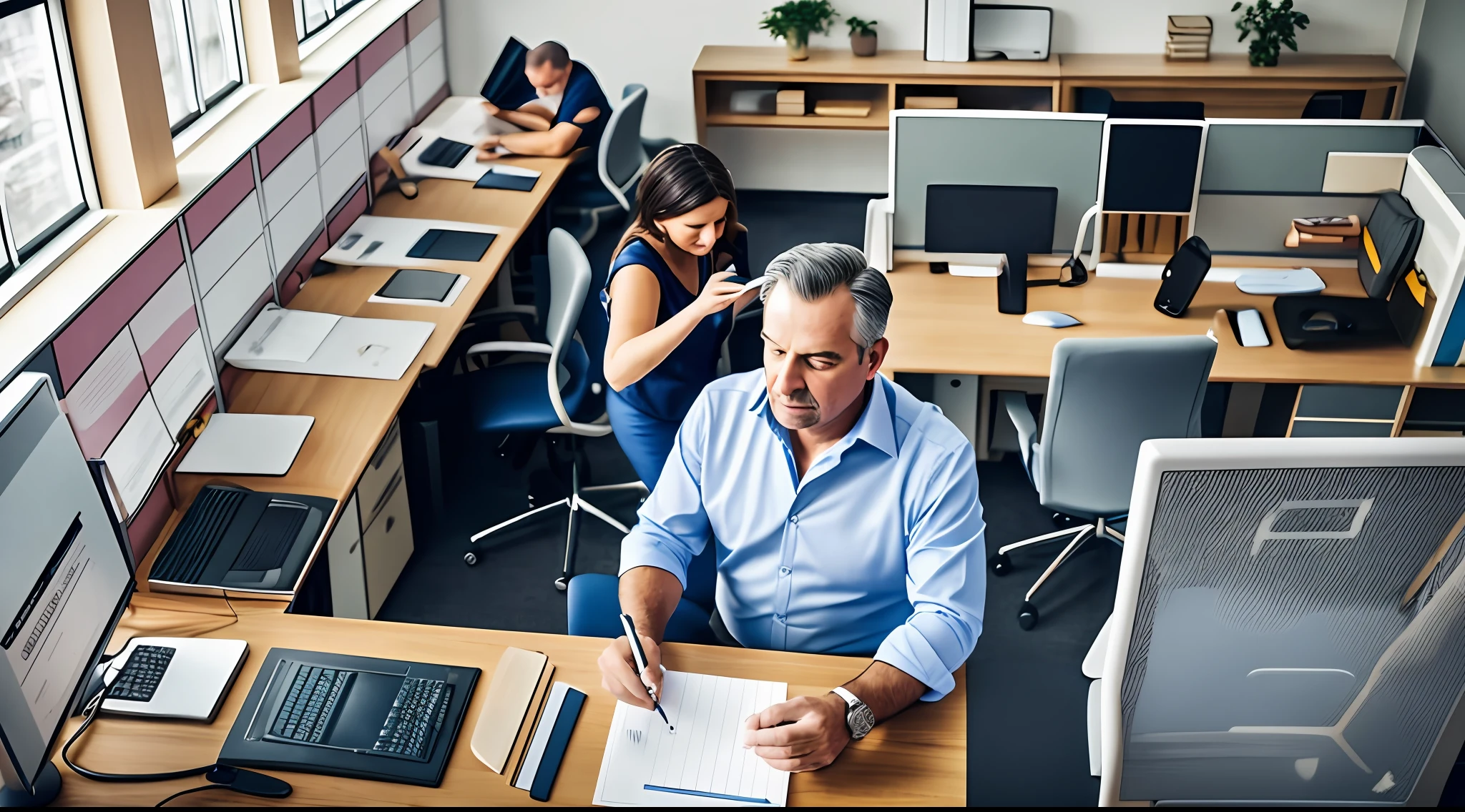 Middle-aged man and woman couple working in very busy office, high quality, high definition --auto --s2