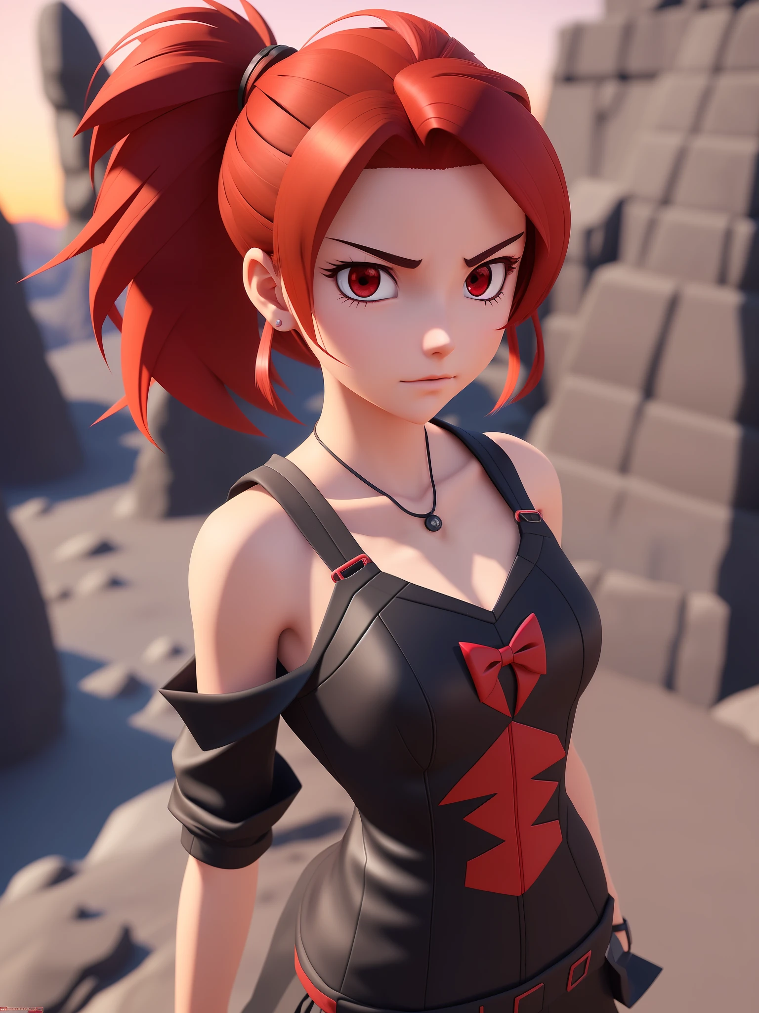 Young girl, a cartoon character dark red outfit, ((cold expression and tired eyes)), ((hair up to shoulder)), (red eyes), stylized character, animation character, stylized 3d render, 3d character, highly detailed character, stylized anime, stylized 3d, render character, character model, closeup, (maximum quality), walking on a mountain at sunset