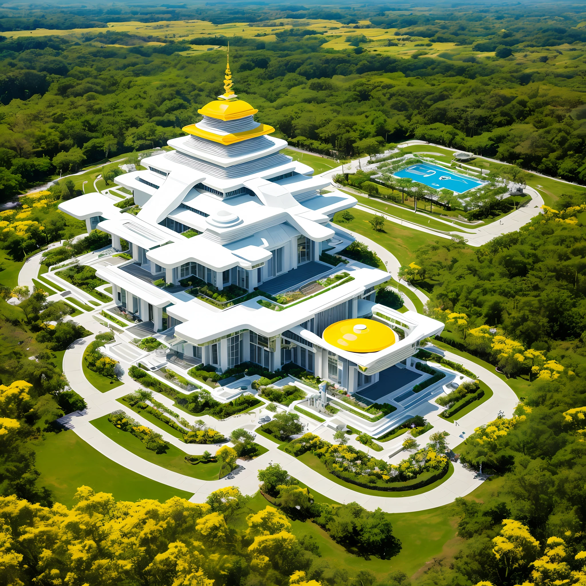 A futuristic temple, surrounded by white and yellow flowers, detailed, texture, aerial view, DJI Cosmo photo