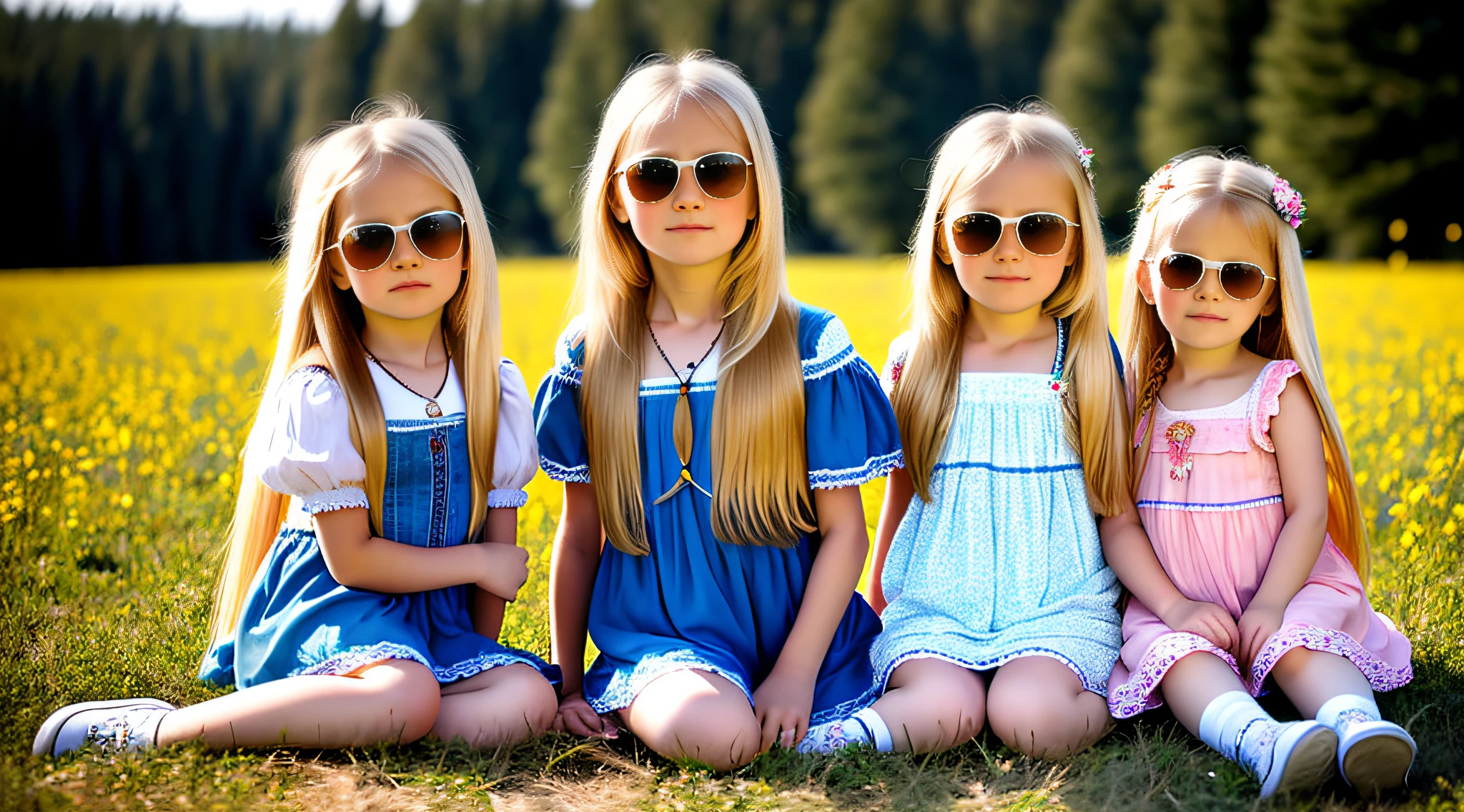 3 girls Russian children with 10 years old, WITH LONG STRAIGHT HAIR blonde, PORTRAIT STYLE, with sunglasses.