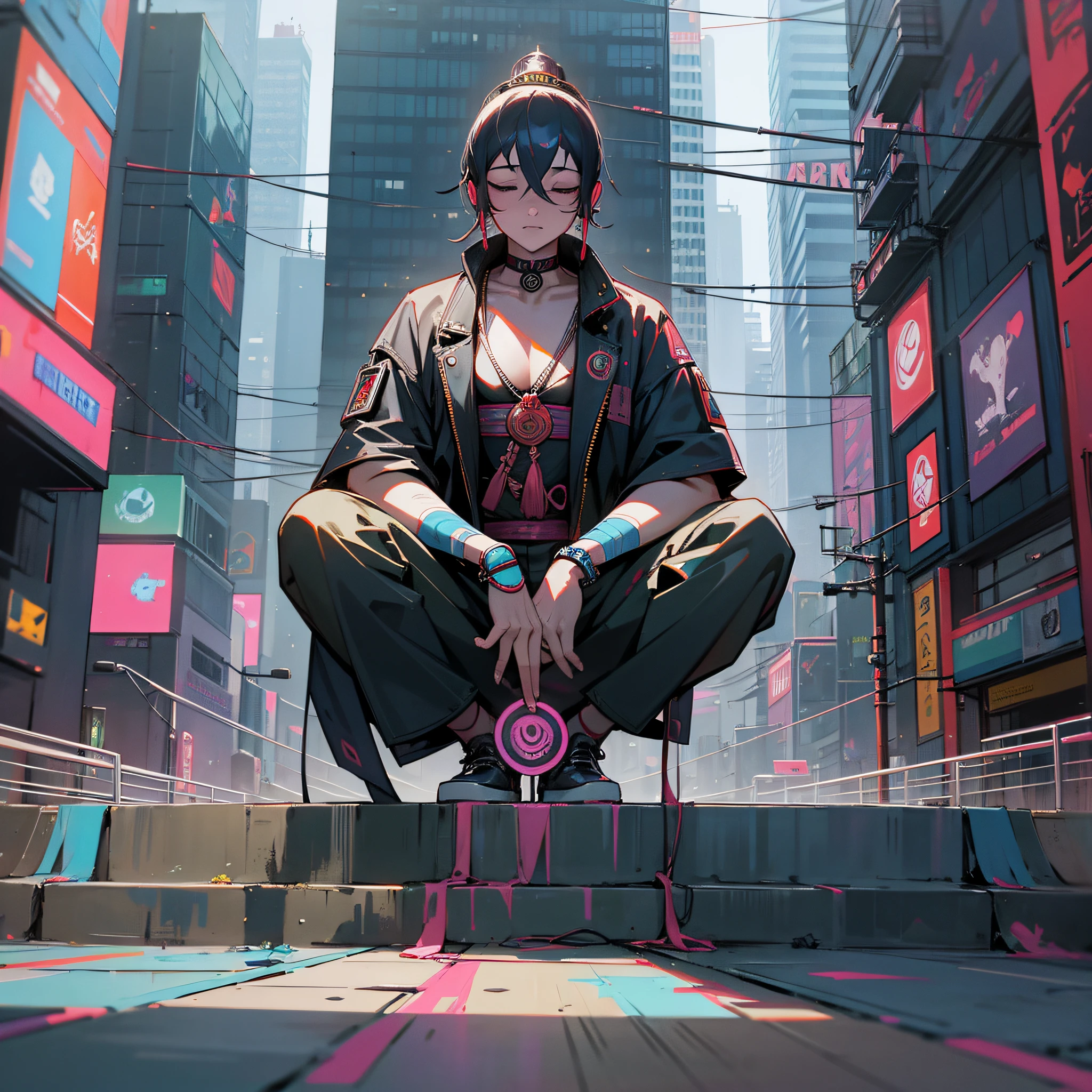 Buddha, Meditation in the middle of the metropolis, Cyberpunk city, Cyberpunk meditation, Skateboarding --auto --s2