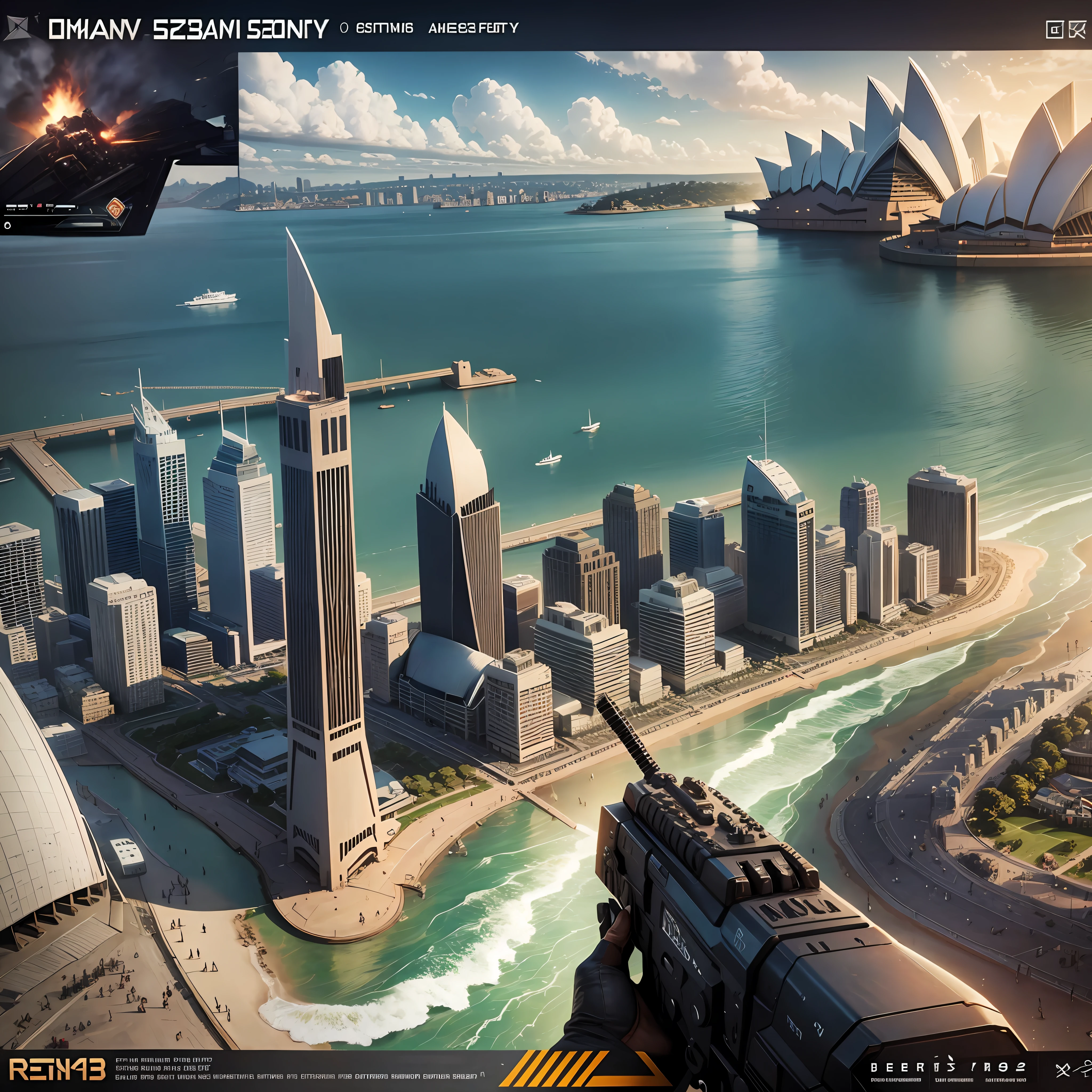 Gameplay, FPS hud, Call of Duty, global war, sydney opera house --auto --s2
