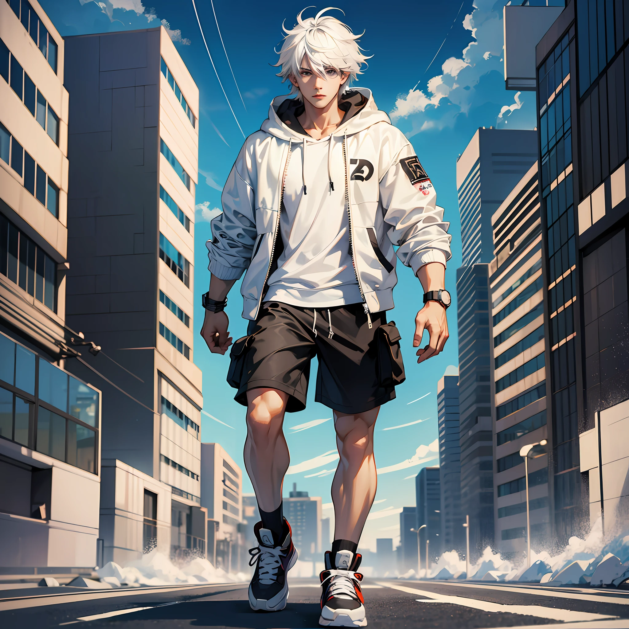 (8k, high quality), anime style male character, 2d anime style, modern anime style black eyes, short hair, white hair, ((messy hair)), athletic body, hooded clothes, ((((full body))) --auto --s2