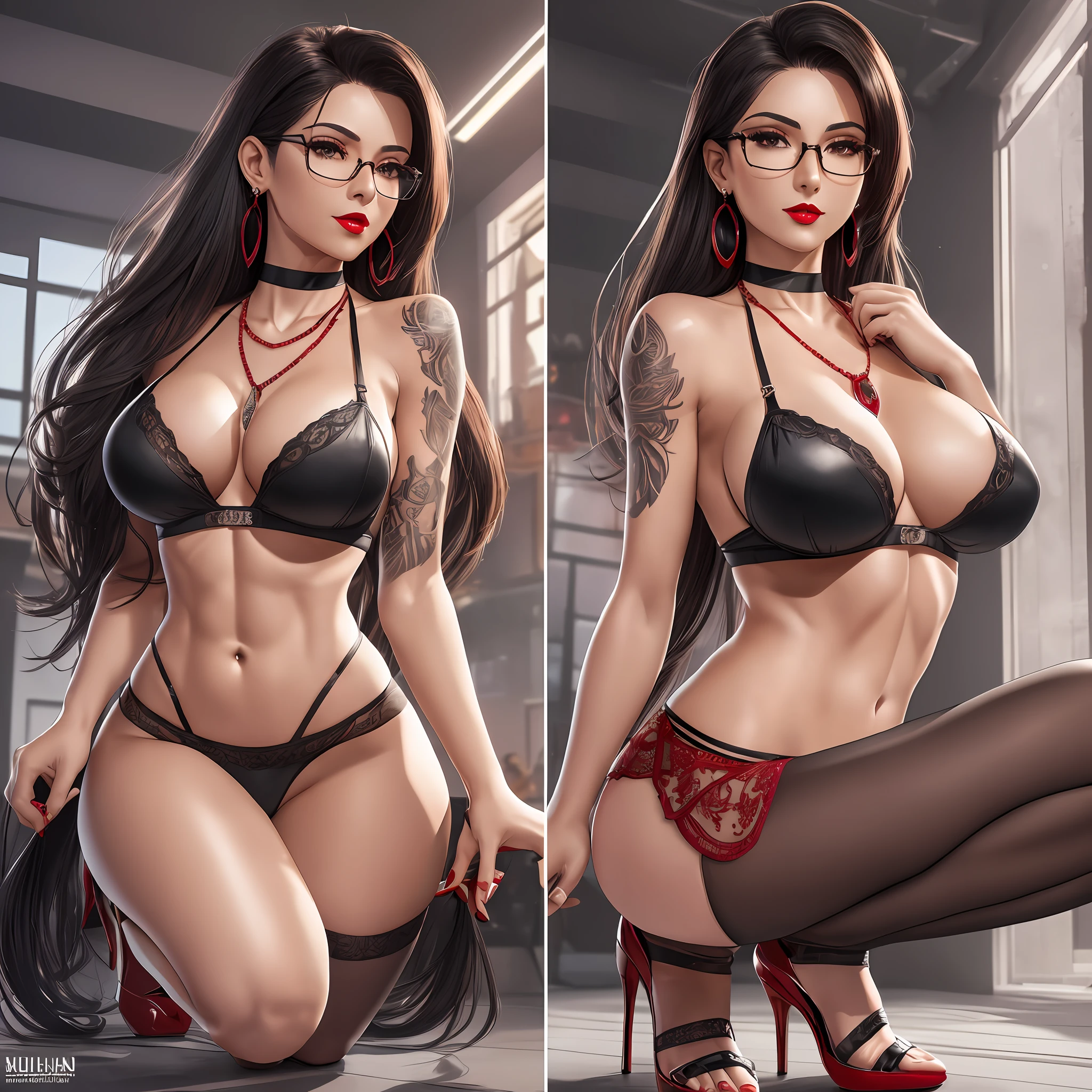 (Cell shading), Best Quality, Master, Masterpiece, Best Quality, Highly Detailed CG Unity 8K Wallpaper,( latina woman), Huge File Size, Highly Detailed, High Resolution, Highly Detailed , (small breasts: 50.0), convex breasts, (detailed hair, (detailed face), (detailed figure), white and translucent, (light dark skin), (real texture), unrivaled beauty, long legs, (open pants), open crouch, (stockings), ((ruby necklace)), ((earrings)), (mature woman), (tattoo on the chest), (red lips), (black lingerie), (beauty spots), (firm abs), (Athletic body), (Provocative smile), squat, (indoor), glasses, (white light from above), (high red heels), (strapped heels), wet skin,(wet:1.0), (1:1 ratio) photorealistic:2.0 --auto --s2
