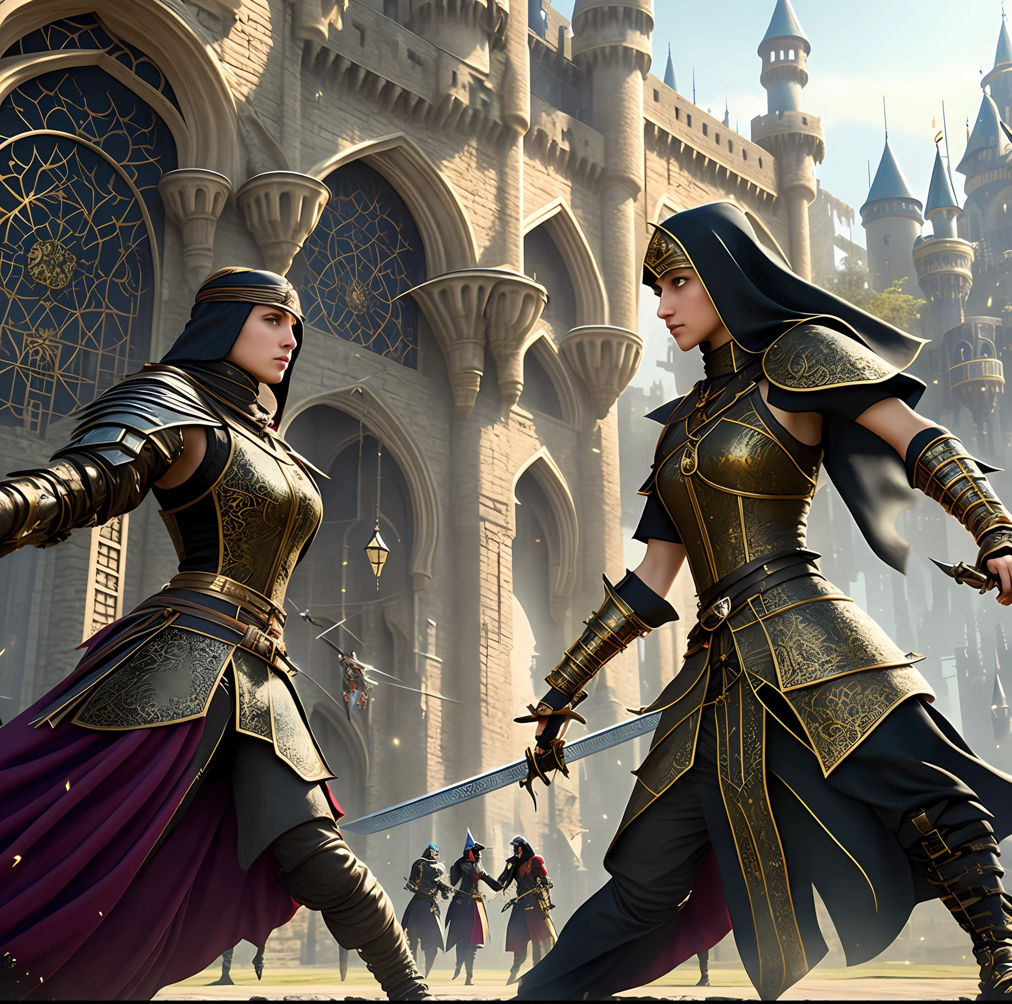 Two women sword fighting in front of a castle, woman dressed in Germany 1450 style, second woman dressed in Arab caliphate, castle((cyberpunk) style), Ross Tran and Michael Whelan, Greg Rutkowski, panorama, 16k, UHD, high details, super detail