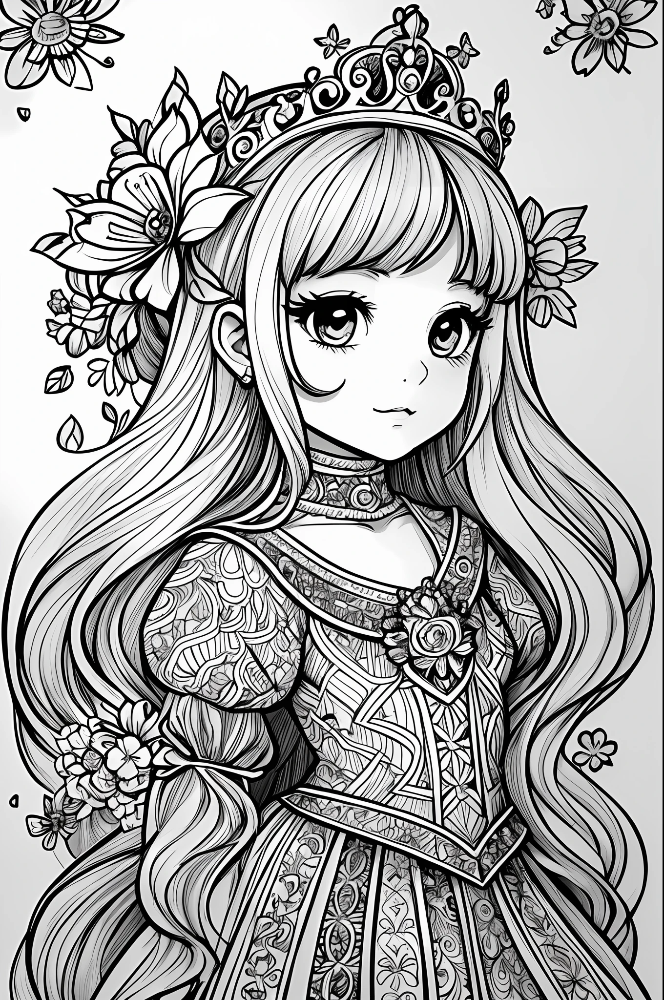 Cute little princess, stunnibg girl, masterpiece, best quality, lineart, monochrome, white background, black and white, coloring book for children, on paper, full page, free lines, art line high detailed, to print, perfect anatomy, ((white background)), flowers., 2d, 2d. cartoon. Style --auto --s2