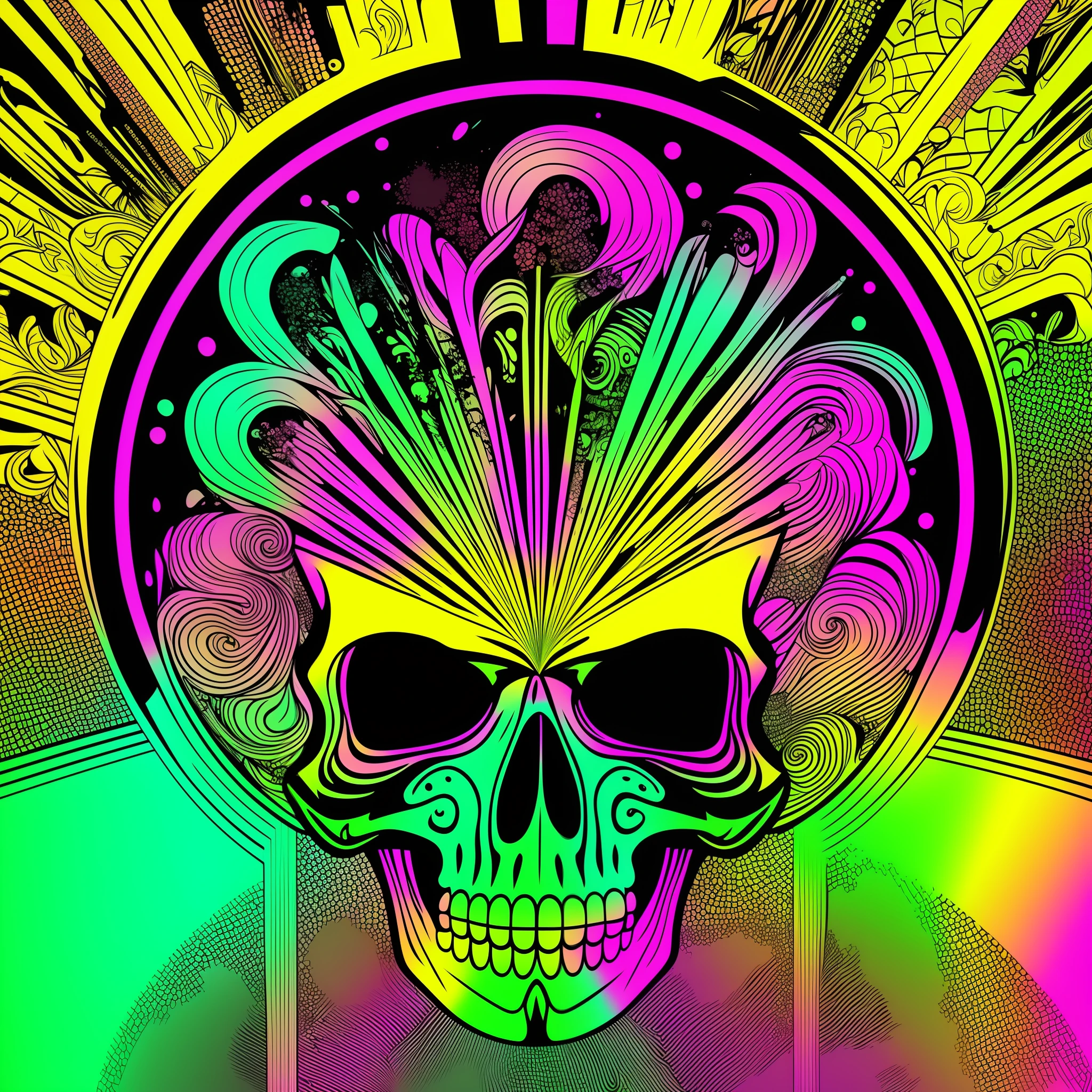 psychedelic skull, vector image, t-shirt design, isolated, black background, illustration colors lime green, lemon yellow, shock pink and cyan --auto --s2