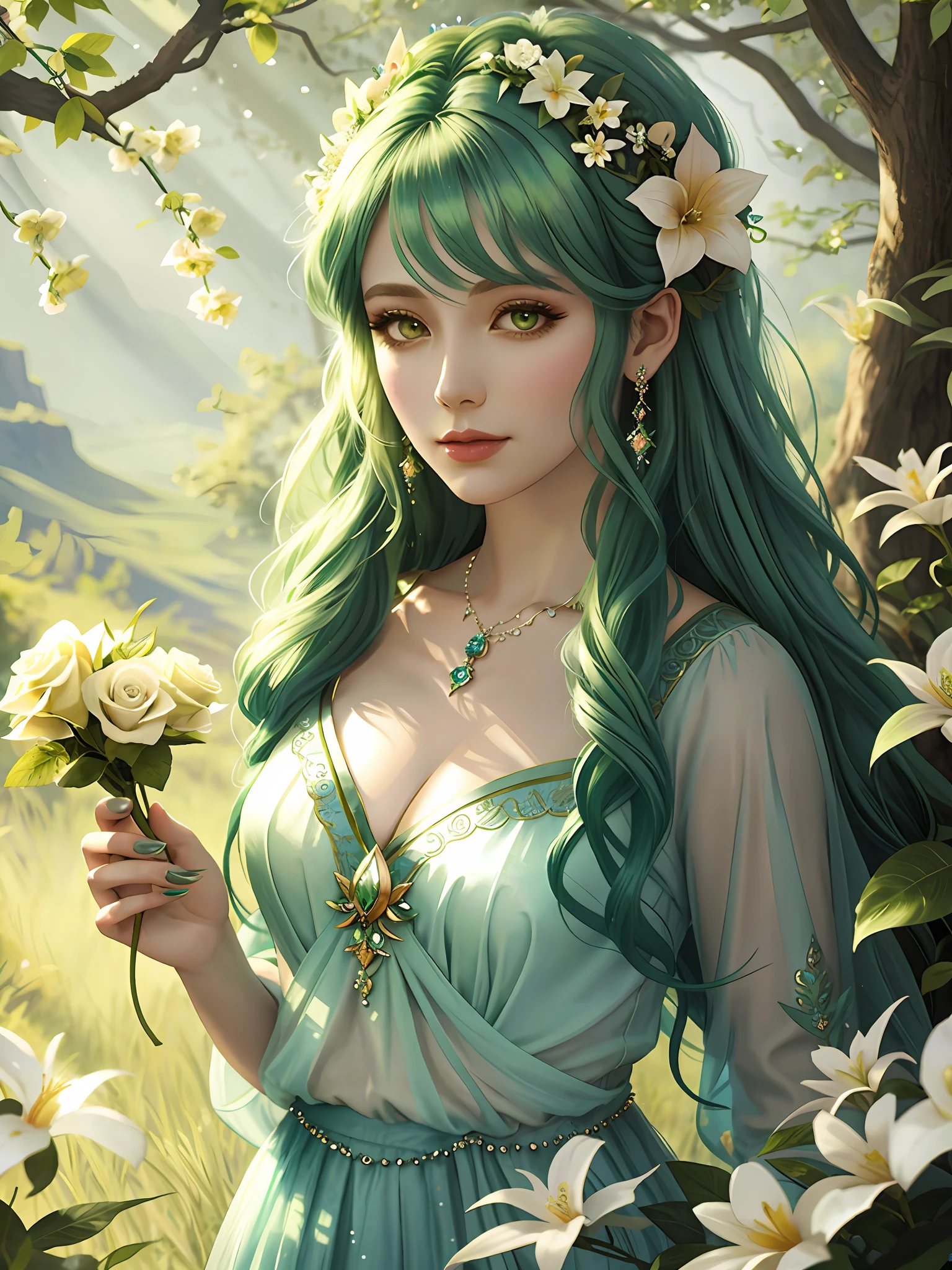 A woman with green hair and flowers in her hair, a stunning rendering of a fairy, beautiful fantasy art portrait, beautiful fantasy portrait, beautiful elegant dryad, very beautiful fantastic art