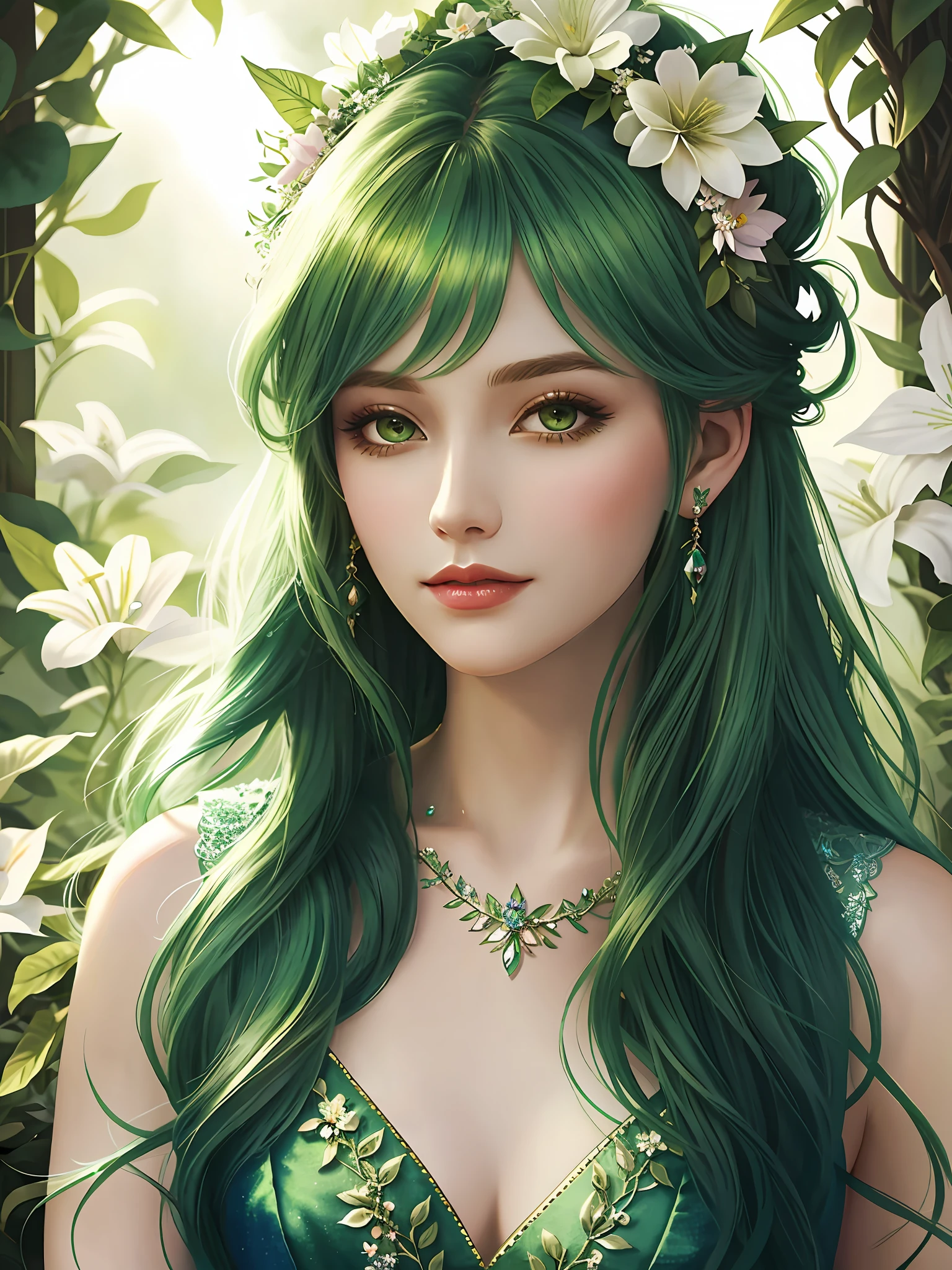 A woman with green hair and flowers in her hair, a stunning rendering of a fairy, beautiful fantasy art portrait, beautiful fantasy portrait, beautiful elegant dryad, very beautiful fantastic art