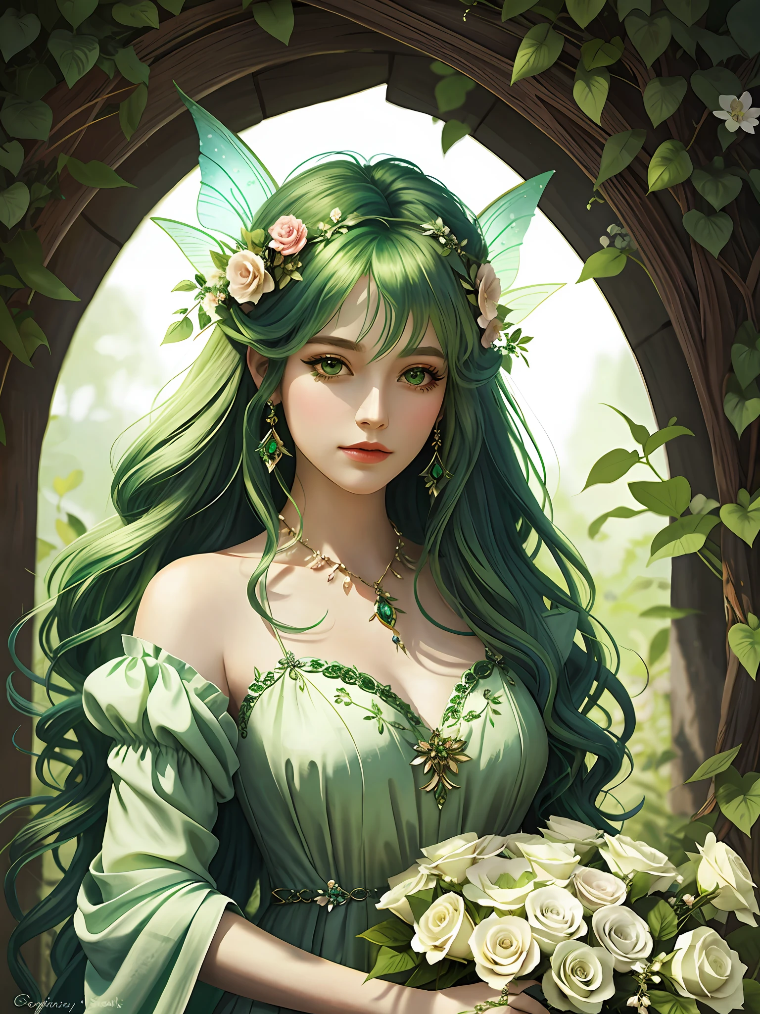 A woman with green hair and flowers in her hair, a stunning rendering of a fairy, beautiful fantasy art portrait, beautiful fantasy portrait, beautiful elegant dryad, very beautiful fantastic art