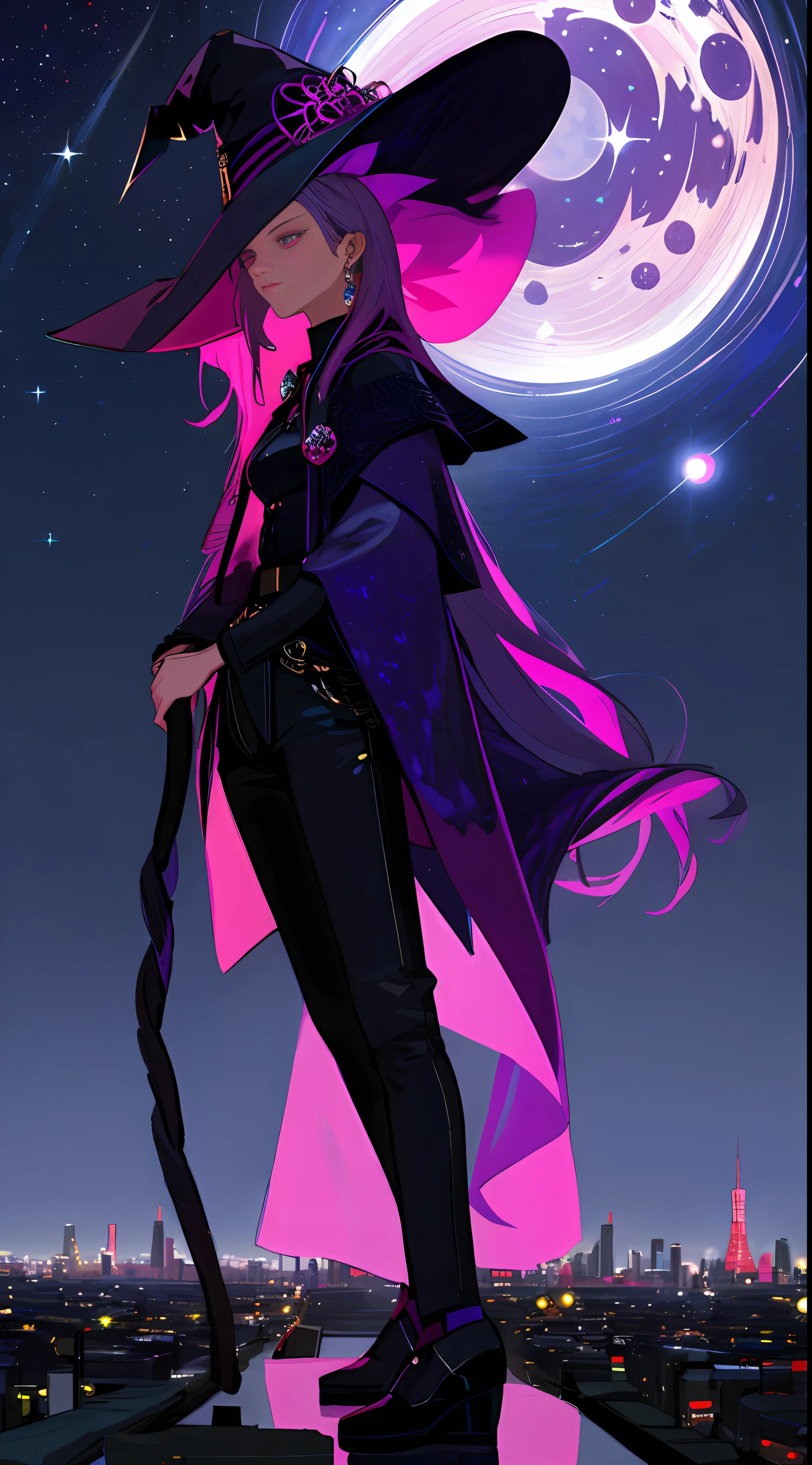 "((masterpiece)), better quality, ultra-detailed details, realistic high-definition illustration, majestic depiction of an urban witch, with black clothes and magenta, moonlight reflected on her body, in the starry night, subtle lights illuminating the big city around him."