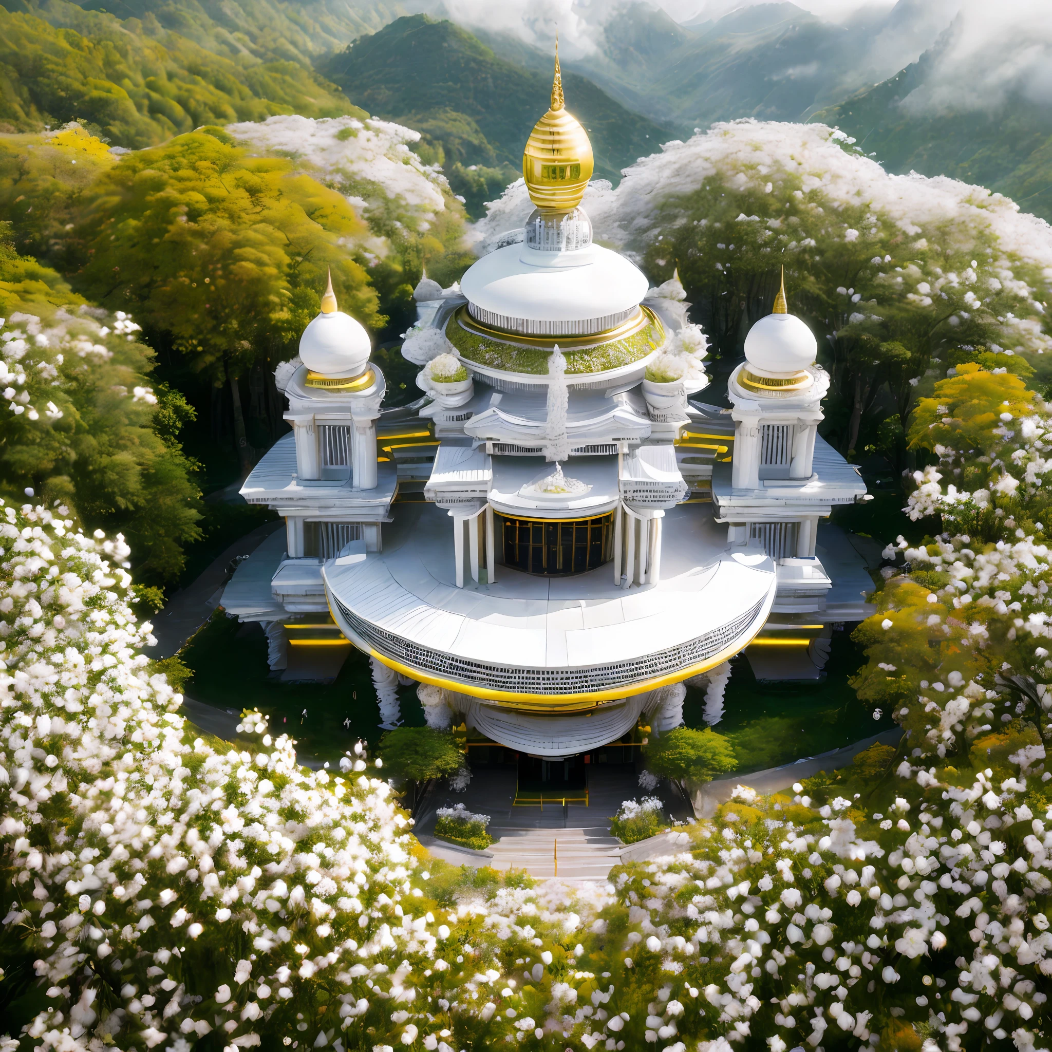 a futuristic temple, surrounded by white and yellow flowers, cinematic lighting, elaborate details, 8k resolution, aerial view, f/1.8 Lens