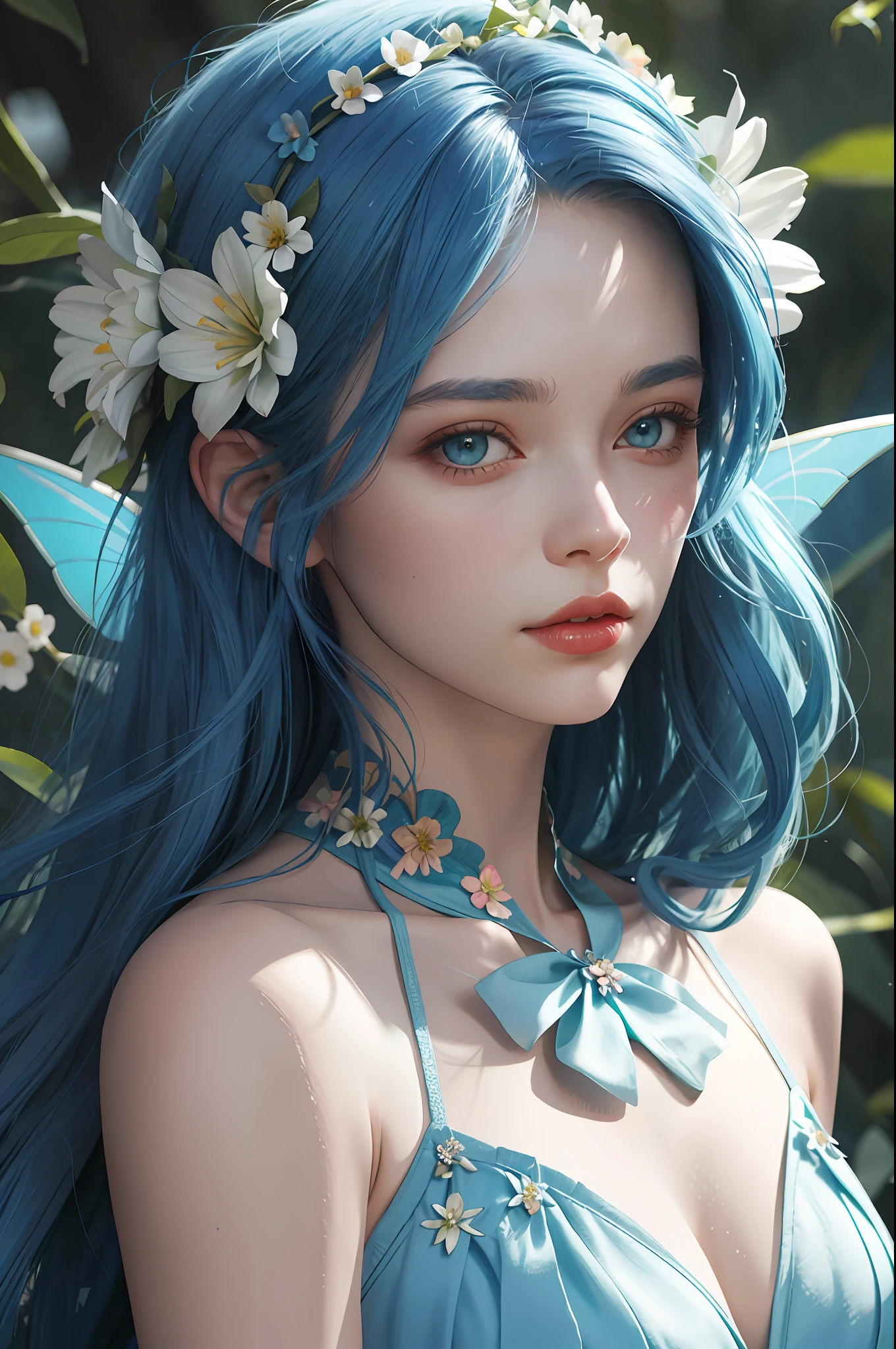 A woman with blue hair and flowers in her hair, beautiful fantastic art portrait, realistic portrait of a fairy, beautiful fantastic portrait