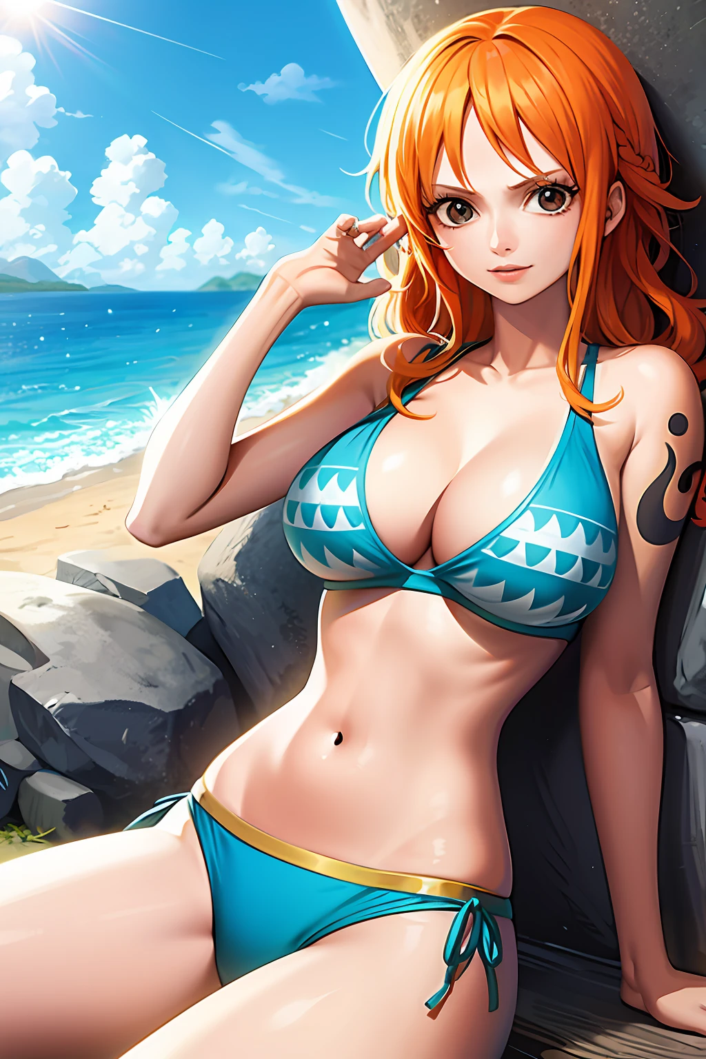 nami \(one piece\), orange hair, blue eyes, blue bikini