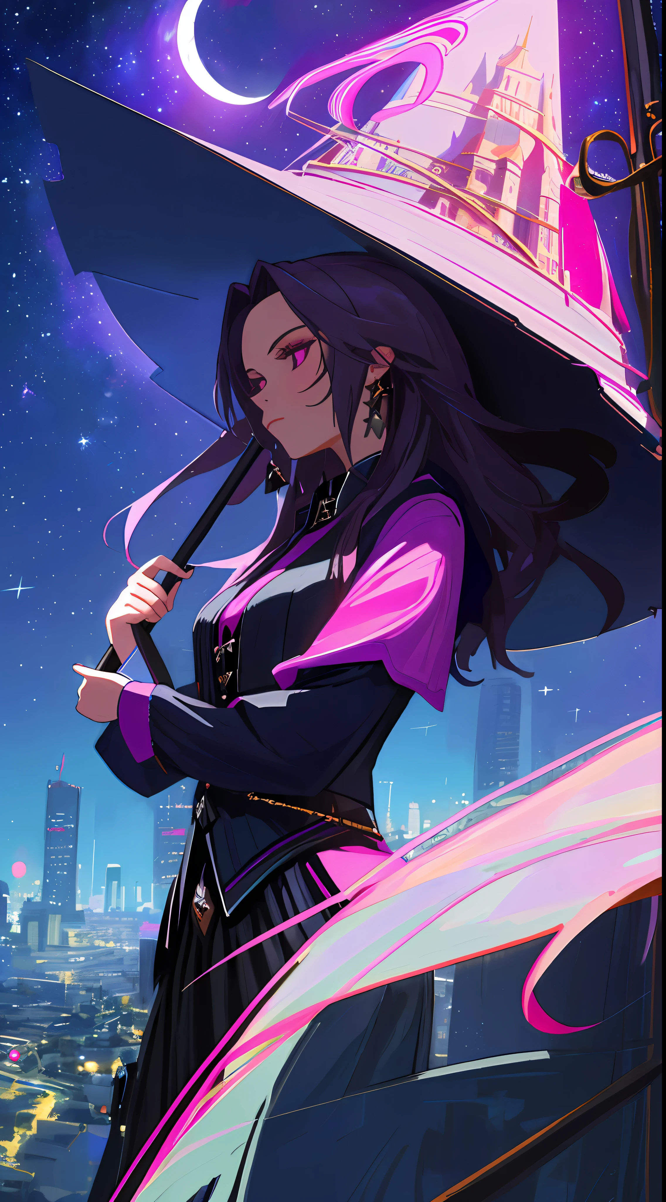 "((masterpiece)), better quality, ultra-detailed details, realistic high-definition illustration, majestic depiction of an urban witch, with black clothes and magenta, moonlight reflected on her body, in the starry night, subtle lights illuminating the big city around him."