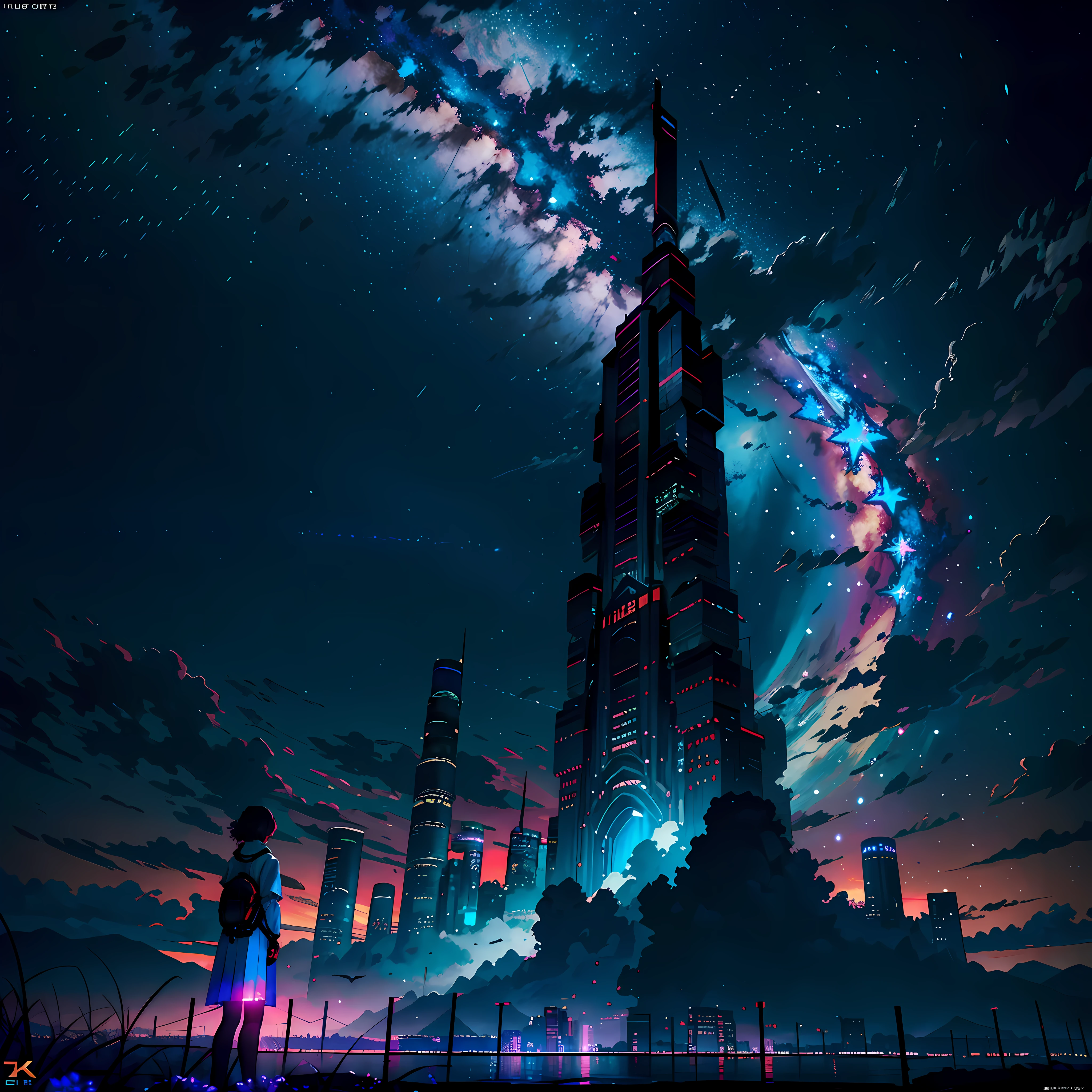 towers of god, blue towers, violet, blue, red, god, red sky, violet sky, starry sky, stars, starry towers, starry god, light blue, civilization, order, one girl standing BREAK Detailed,Realistic,4k highly detailed digital art,octane render, bioluminescent, BREAK 8K resolution concept art, realism,by Mappa studios,masterpiece,best quality,official art,illustration,ligne claire,(cool_color),perfect composition,absurdres, fantasy,focused,rule of thirds