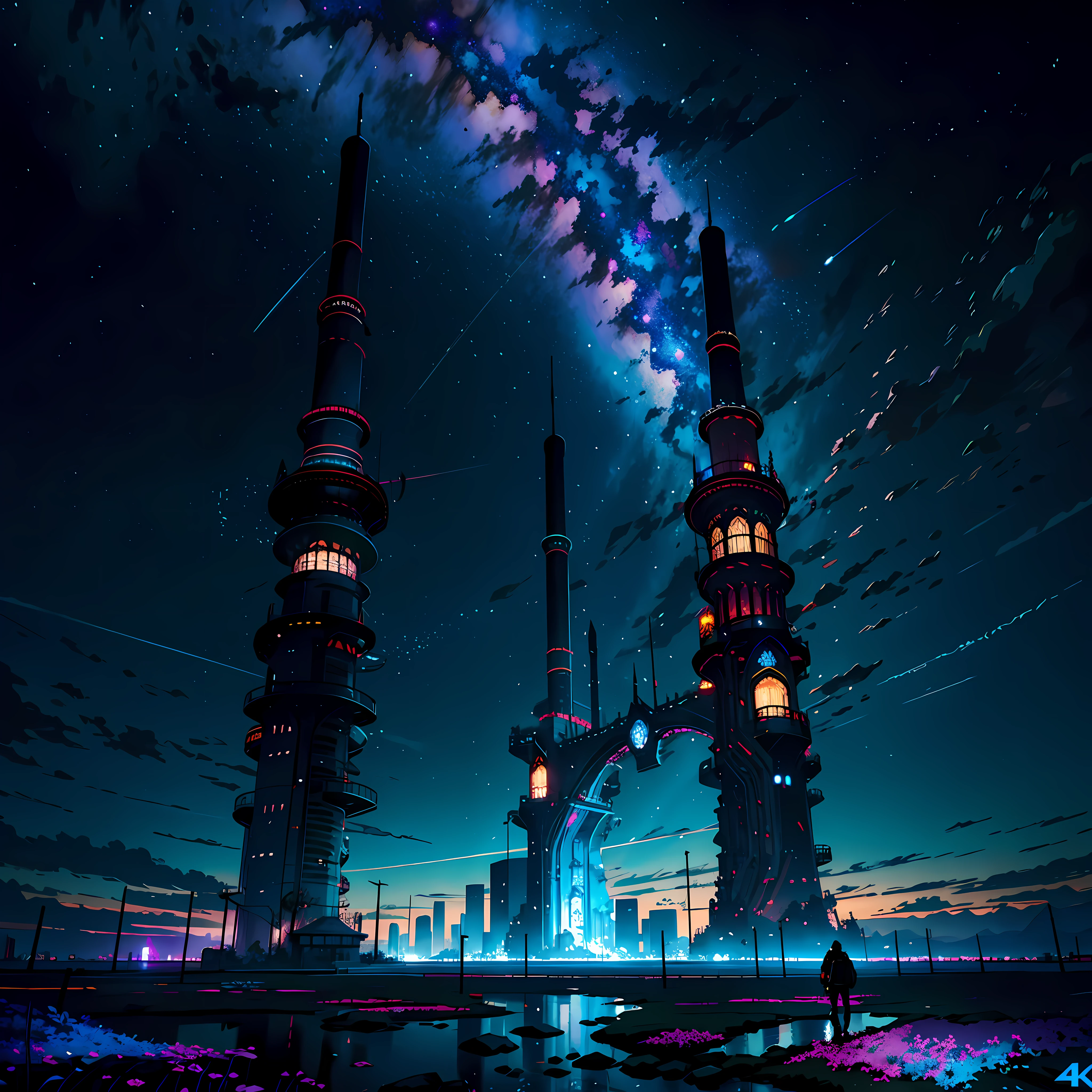 towers of god, blue towers, violet, blue, red, god, red sky, violet sky, starry sky, stars, starry towers, starry god, light blue, civilization, order, one girl standing BREAK Detailed,Realistic,4k highly detailed digital art,octane render, bioluminescent, BREAK 8K resolution concept art, realism,by Mappa studios,masterpiece,best quality,official art,illustration,ligne claire,(cool_color),perfect composition,absurdres, fantasy,focused,rule of thirds