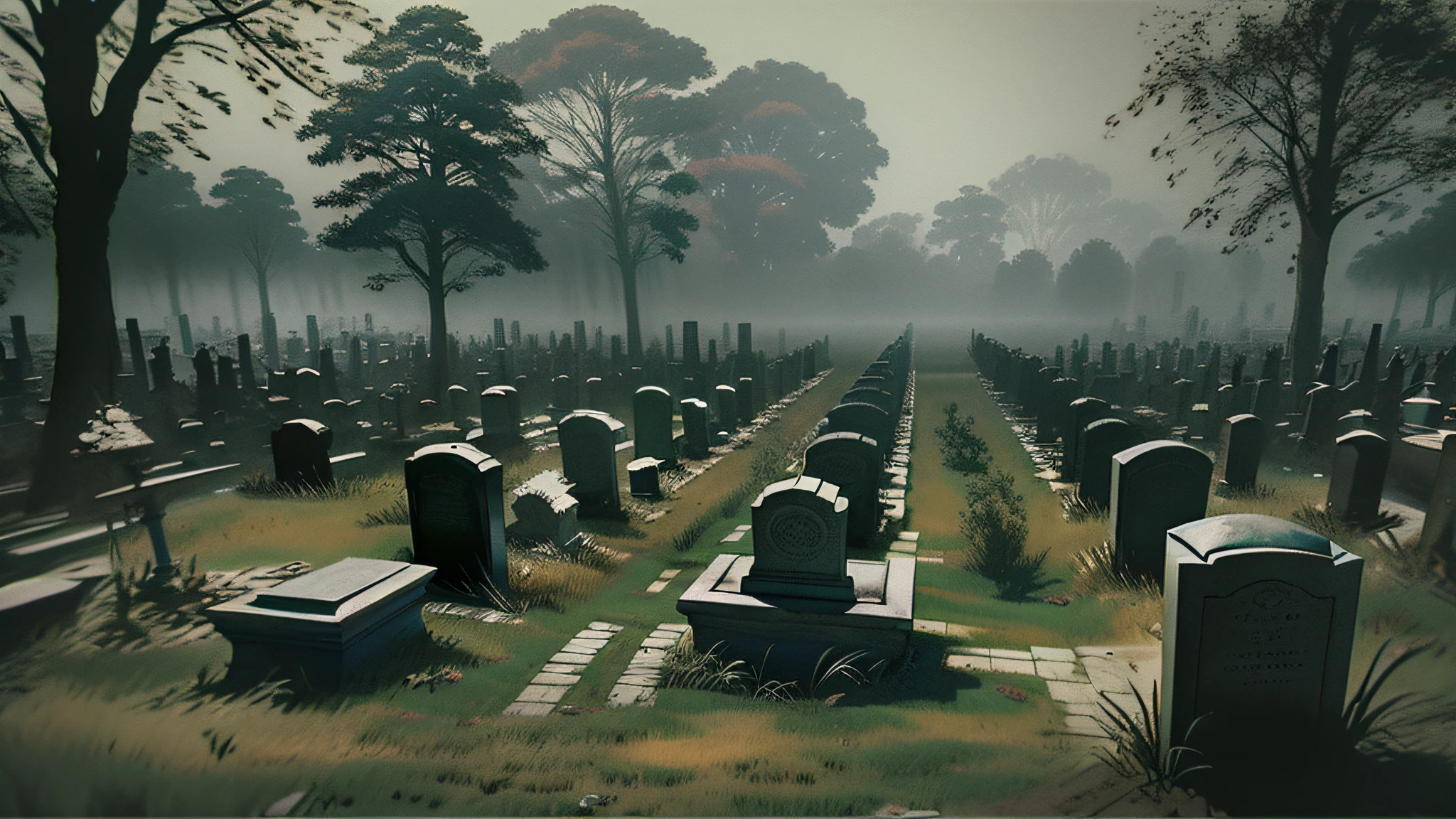 a gloomy cemetery with fog by craig mullins, consumed by time and neglect, the atmosphere is heavy with a sense of sorrow and impending doom, concept art, artstation, trending on instagram, 8 k, ultra detailed, award winning, , beams of light, night, (intricate details), (hyperdetailed), 8k hdr