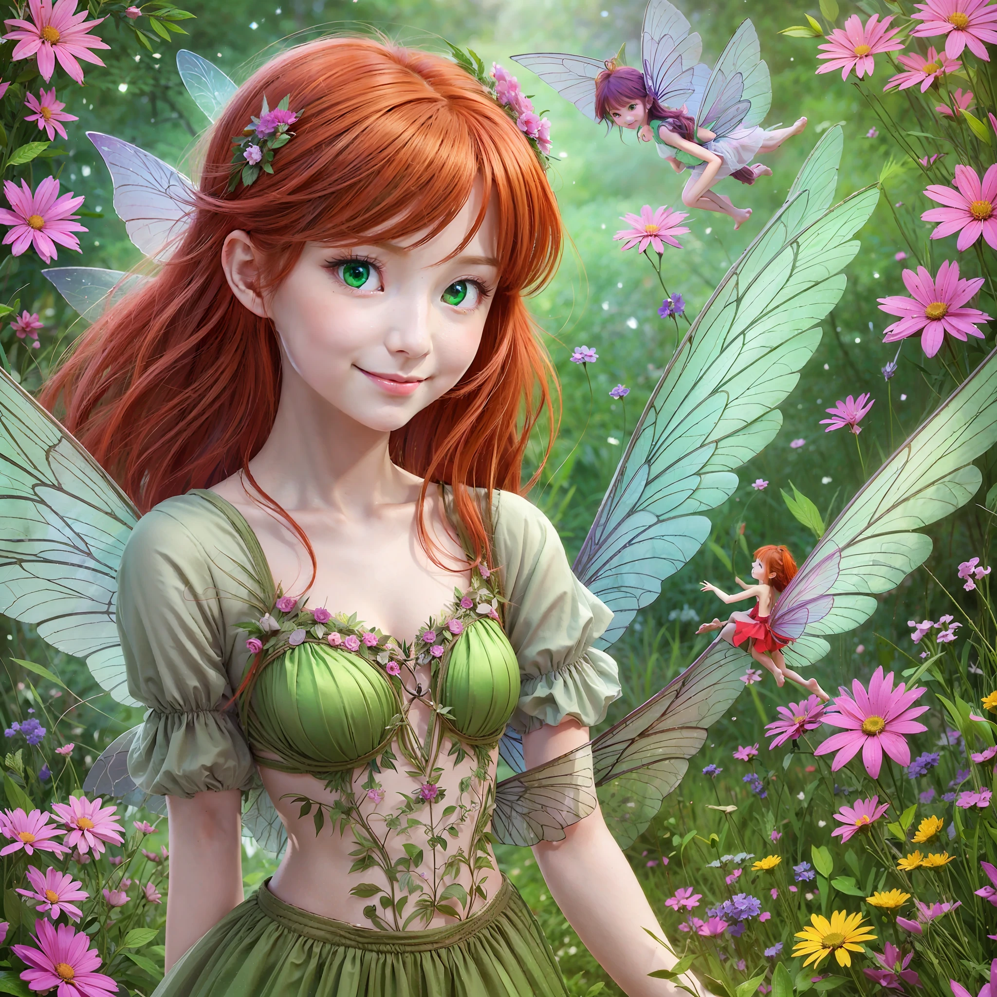 Imagine the drawing of a fairy with red hair dressed green and green eyes with her wings, she must have the appearance of a 5 year old girl, talking animals, smiling flowers, magical world, explore, friendship, nature --auto --s2