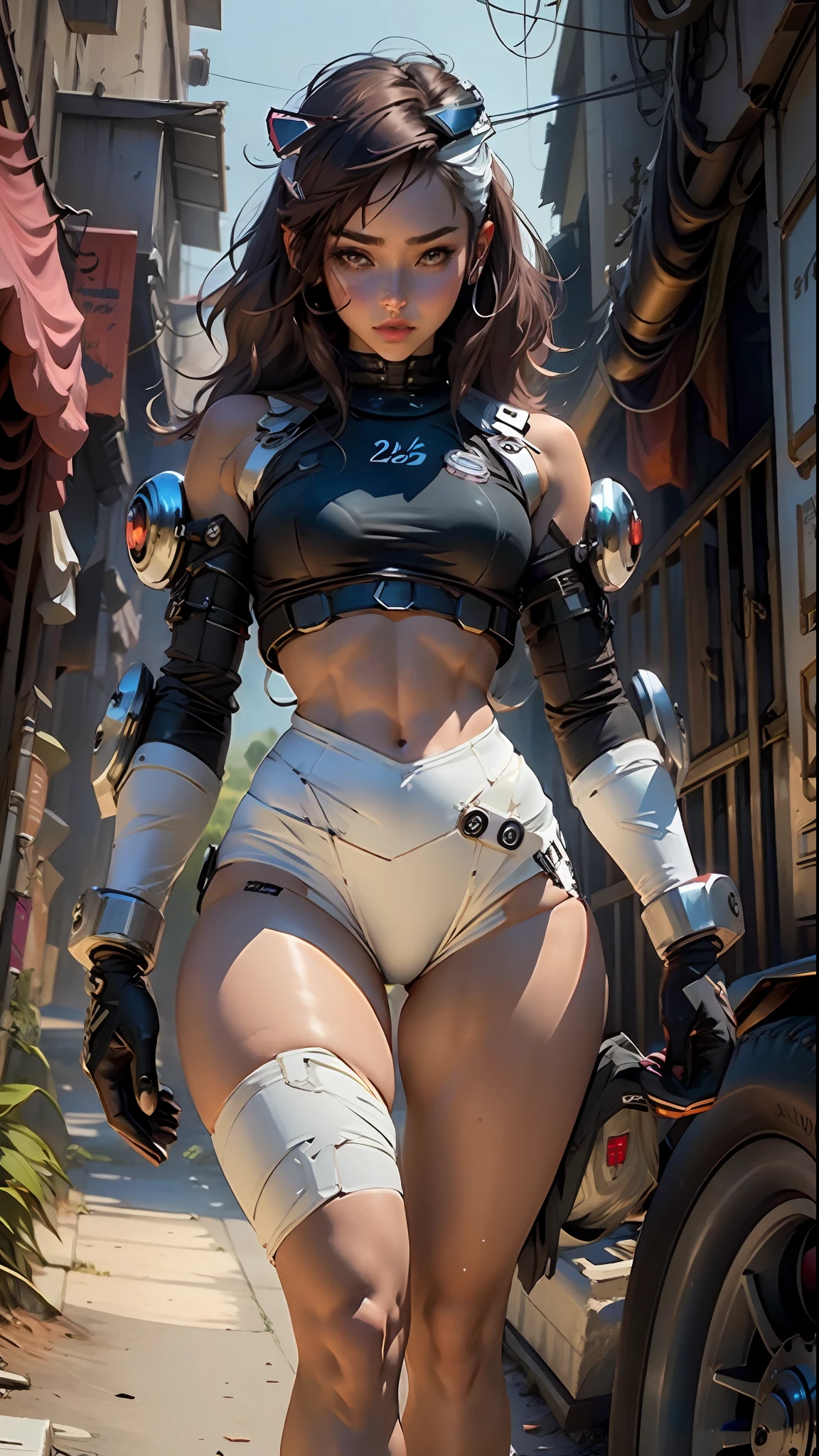 Woman body defined thick thighs cybernetic body parts, short underwear