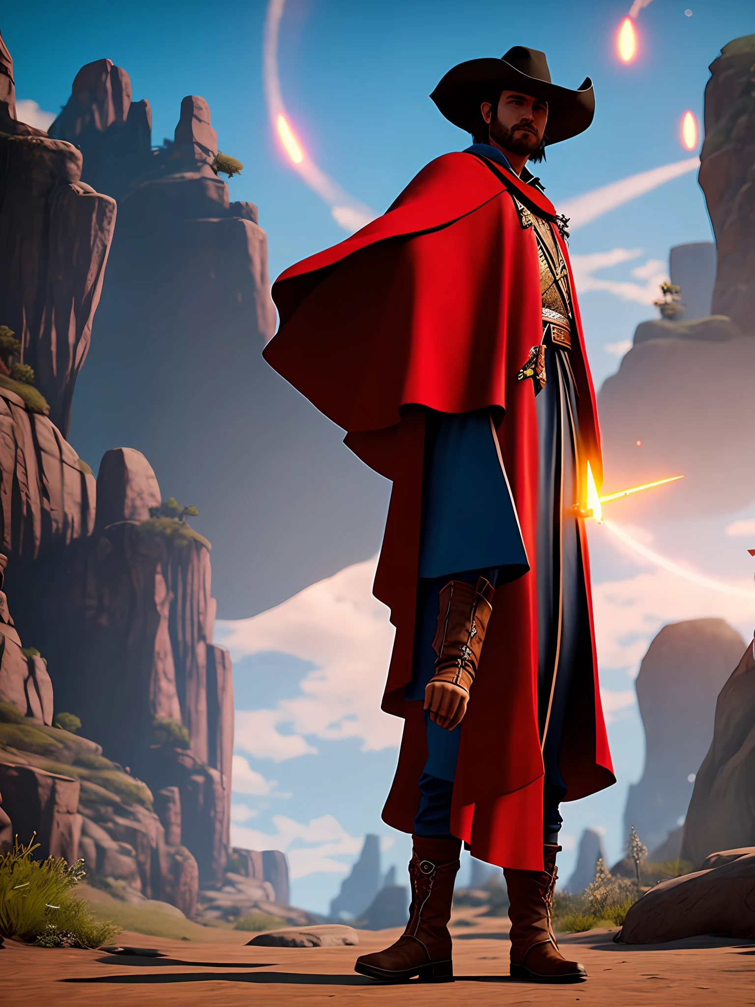 An old, 8k, Cg, cowboy with weapons of the future wizard's hat and red cape who moves autonomously