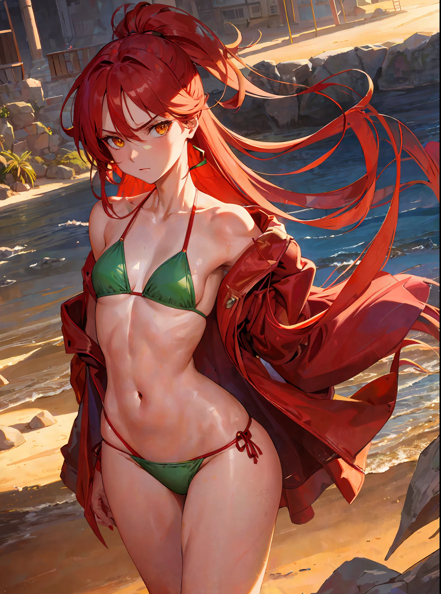 (masterpiece, best quality) an adult woman with very long red hair, ((tied hair)), half ponytail, ((emerald green bikini)), swimsuit, bathrobe, ((beach)), sunglasses, sand, bare legs, braids, good anatomy, correct proportions, barefoot, yellow eyes, serious, mysterious appearance, emotionless, straight bangs, very long red hair, evil, (yellow eyes), gothic, medium chest, show from chest to head, cinematics, color oil painting, ((solo)), cinematic lighting, extremely detailed face, finely detailed face, beautiful face, beautiful eyes, perfect lighting, depth of field, realistic proportions, good anatomy