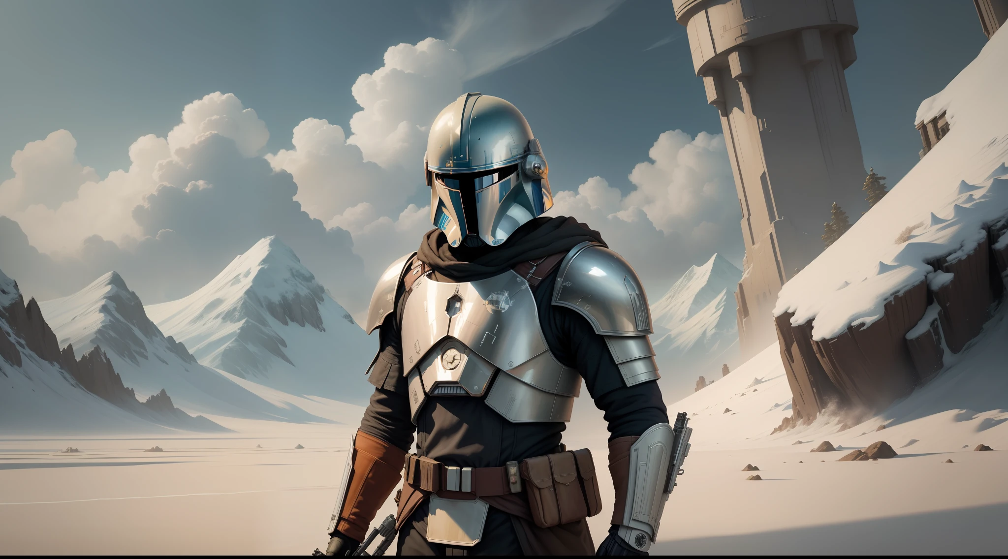 solo,{best quality}, {{masterpiece}}, {highres}, original, extremely detailed 8K wallpaper, {an extremely delicate and beautiful},star wars, death star, cover, Pedro Pascal in Mandalorian armor