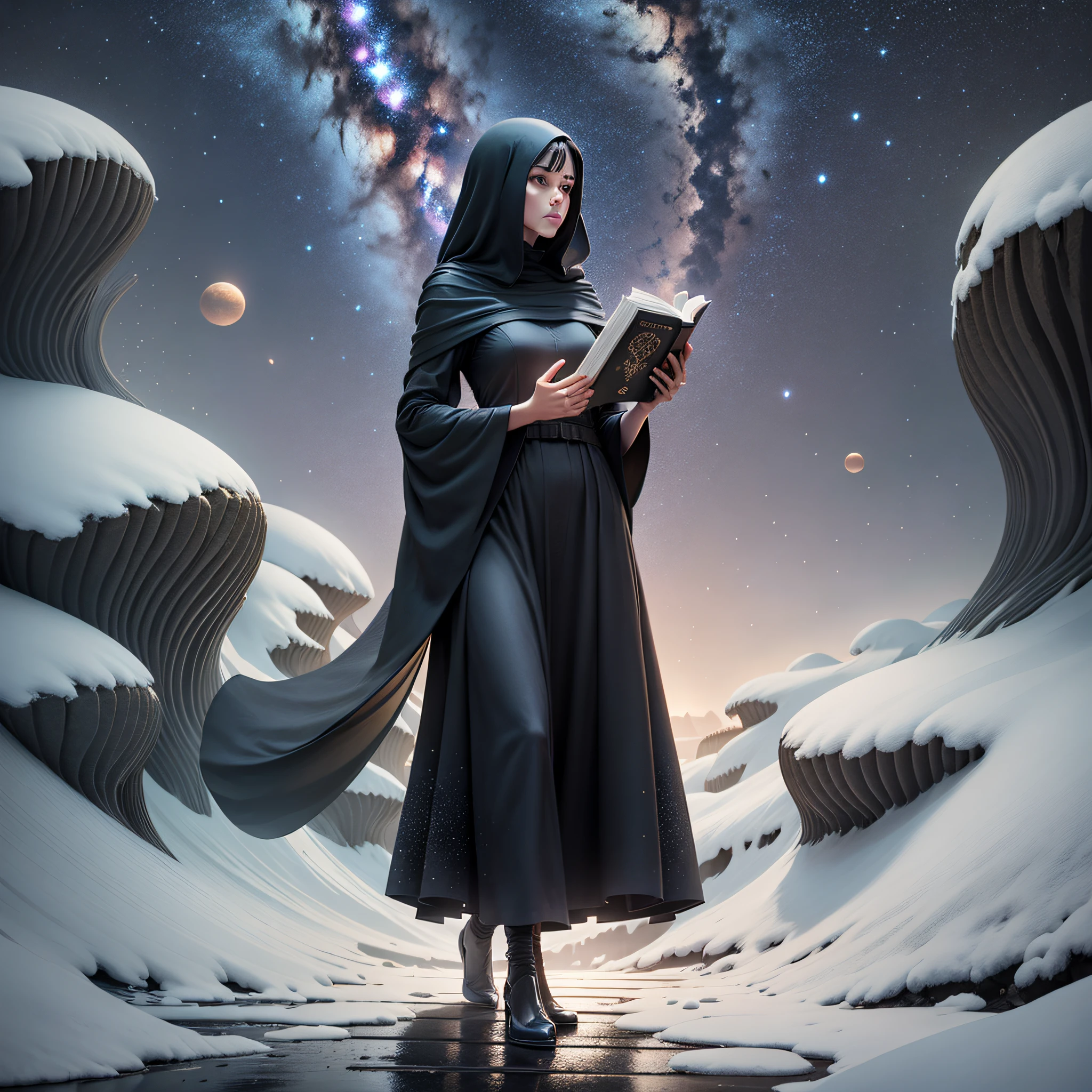 Full body woman walking in long black dress holding a book Milky Way to dark background air of mystery image dark scale --auto --s2