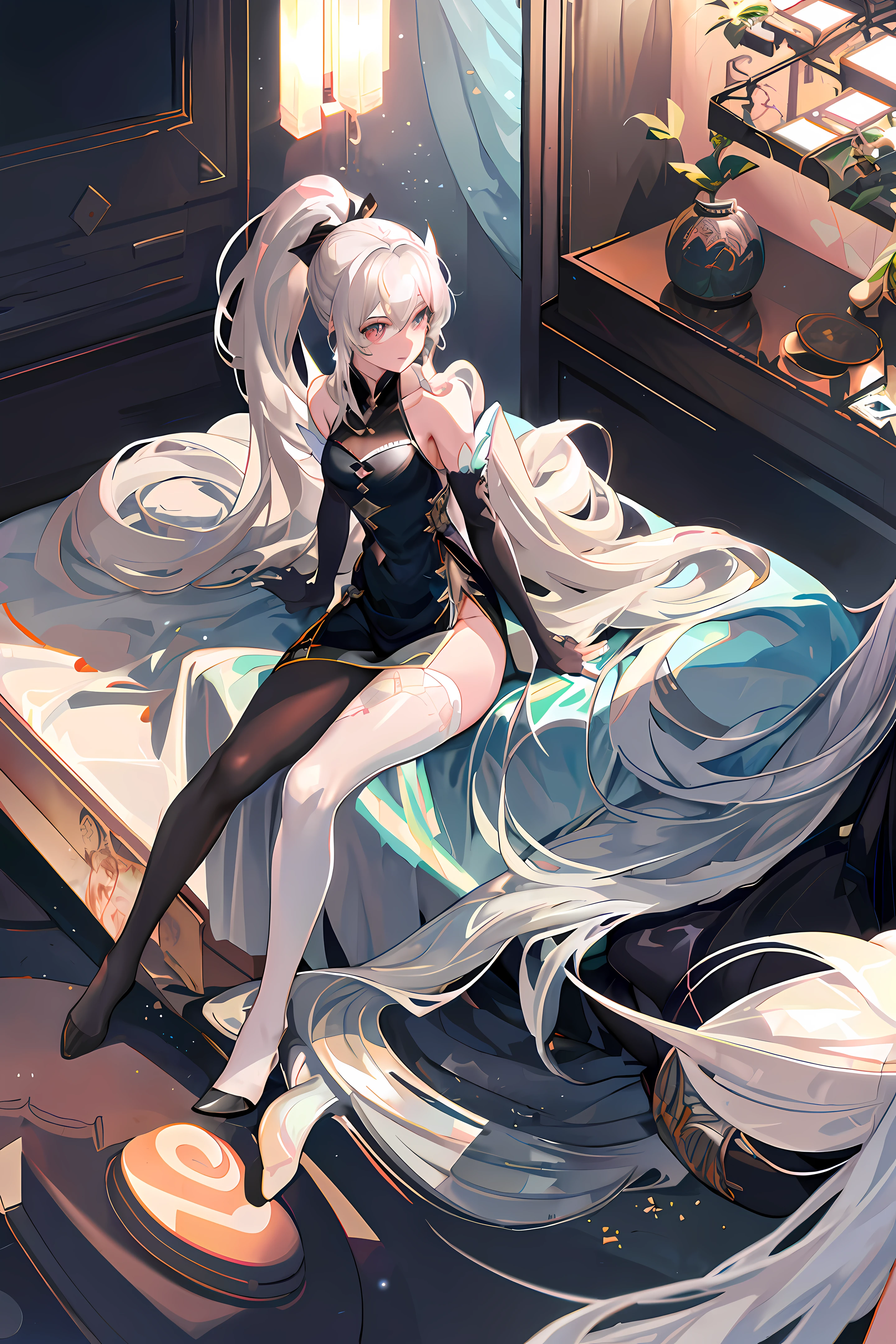 White hair, two-dimensional anime, loli, black silk, perfect body, different pupils,