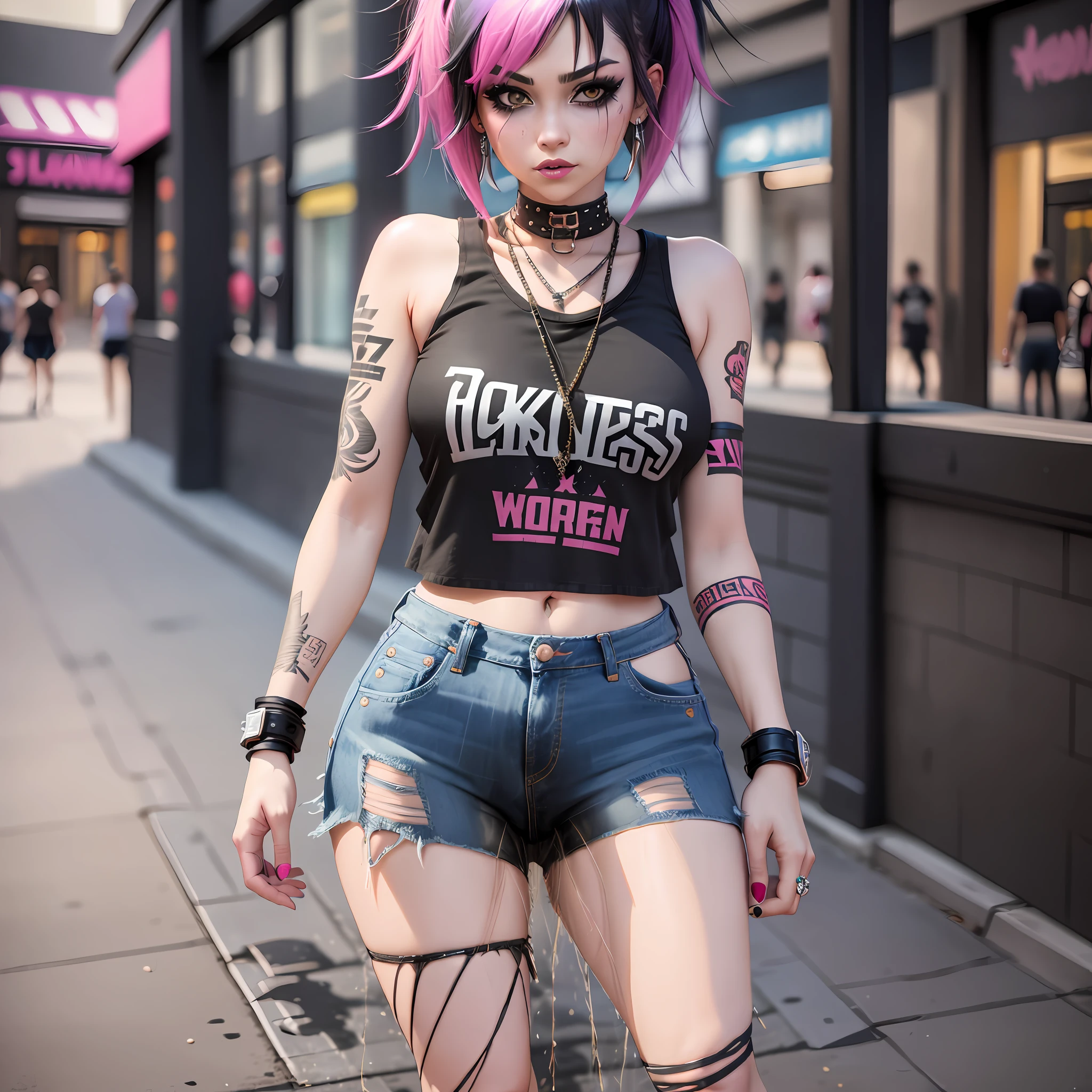 Woman, scene queen, punk, black ripped denim short skirt, fishnets,, converse, pink tank top, black emo fringe hair, ((peeing stain)), mall, blushing