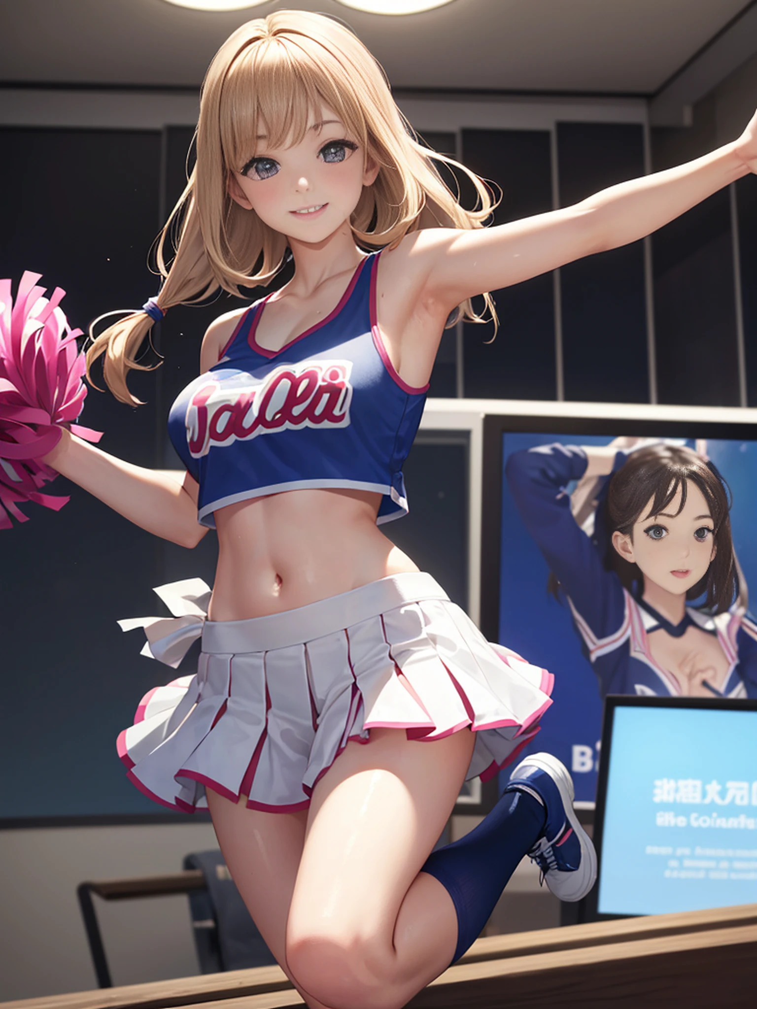 Woman in cheerleader costume jumping in the air, poster, very, very very pale skin, rv, Japan live-action movie, here is olive, adorable cute, high resolution, chub, promotional rendering, very sunny, very detailed face and skin texture, detailed eyes, wet, smile, big, camisole, raking up hair with one hand, on bed, ultra-realistic beauty,