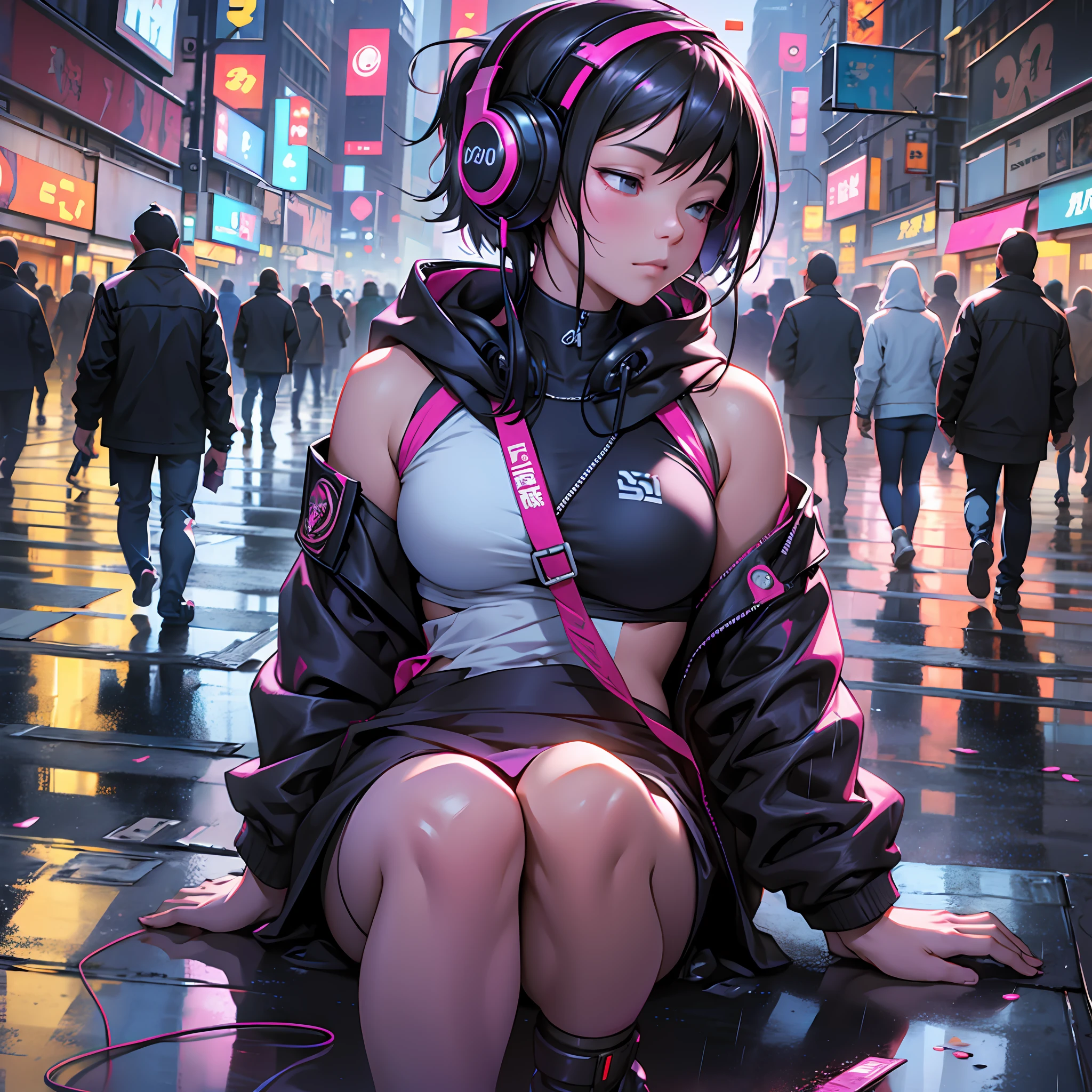 Girl meditating on the streets of New York, light rain, headphones, Buddhist clothing, Cyberpunk --auto --s2