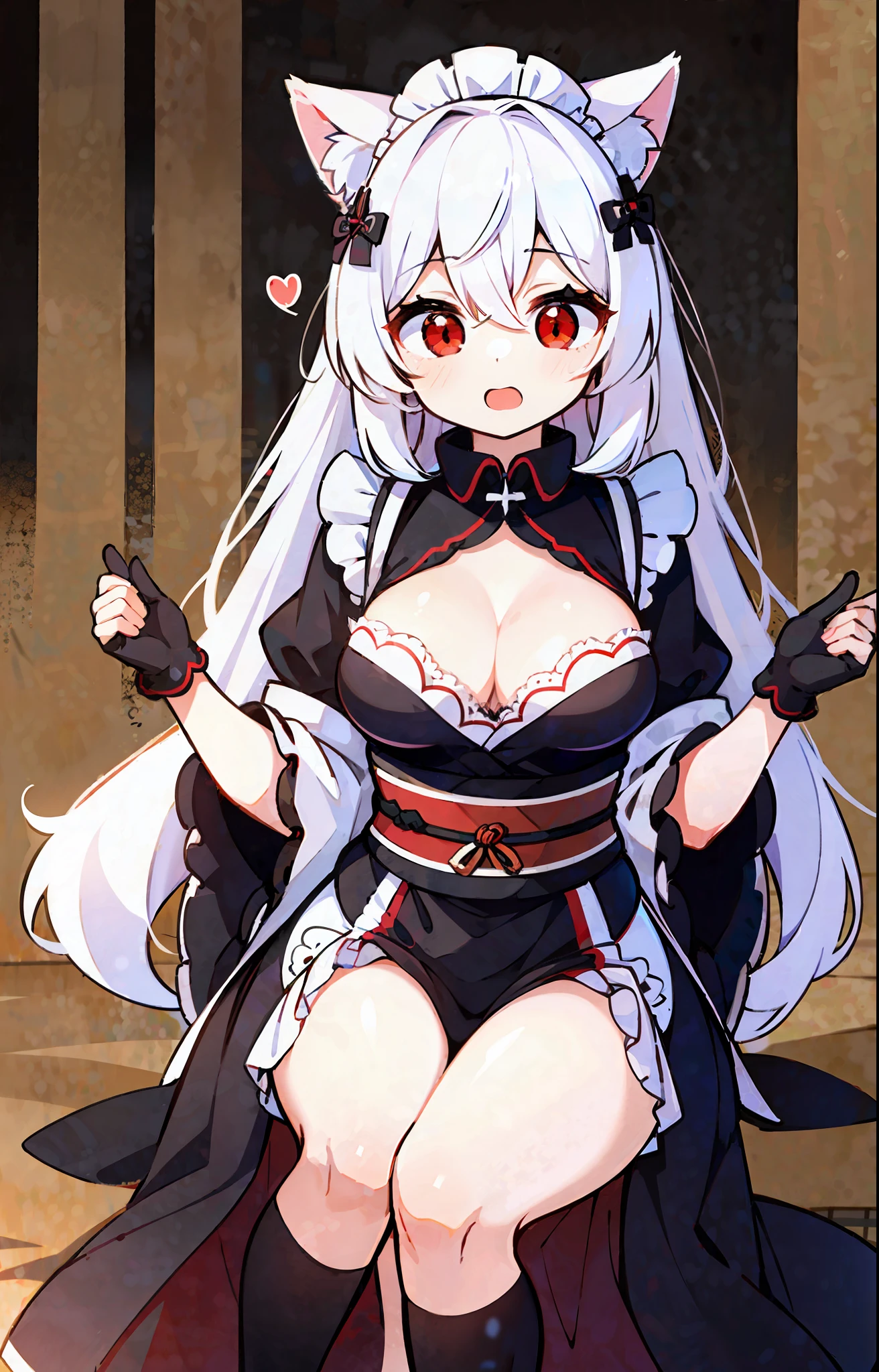 1girl, masterpiece, best quality, ultra-detailed, cat ears, li, chwhite hair ,red eyes ,medium hair ,hair between eyes ,cute ,maid ,kimono ,(cleavage ,big breasts) ,simple background ,thighs