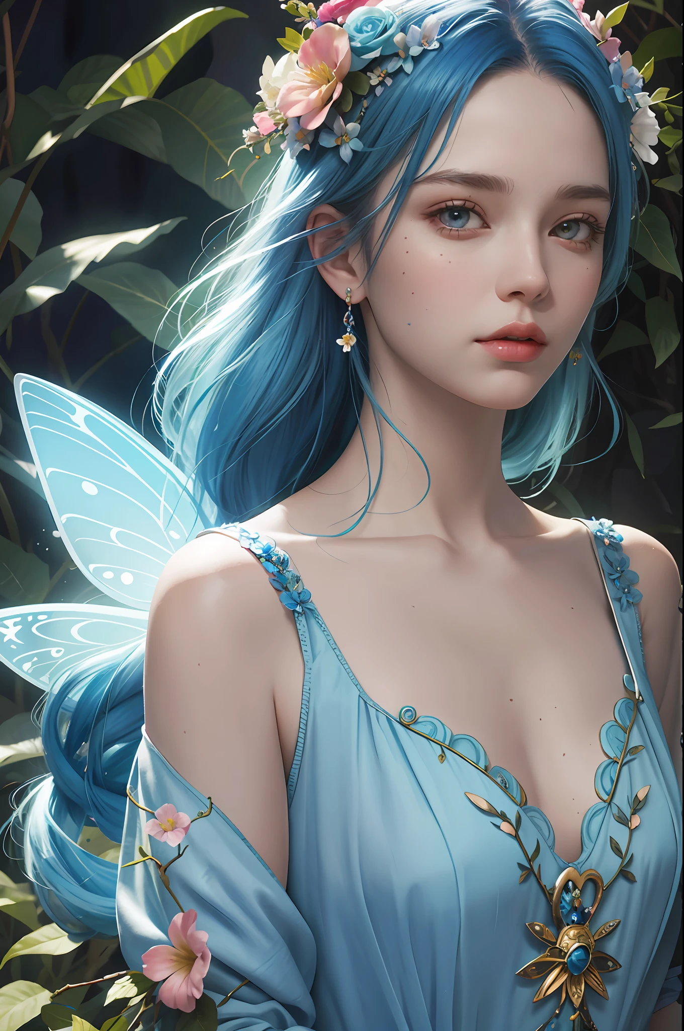 A woman with blue hair and flowers in her hair, beautiful fantastic art portrait, realistic portrait of a fairy, beautiful fantastic portrait