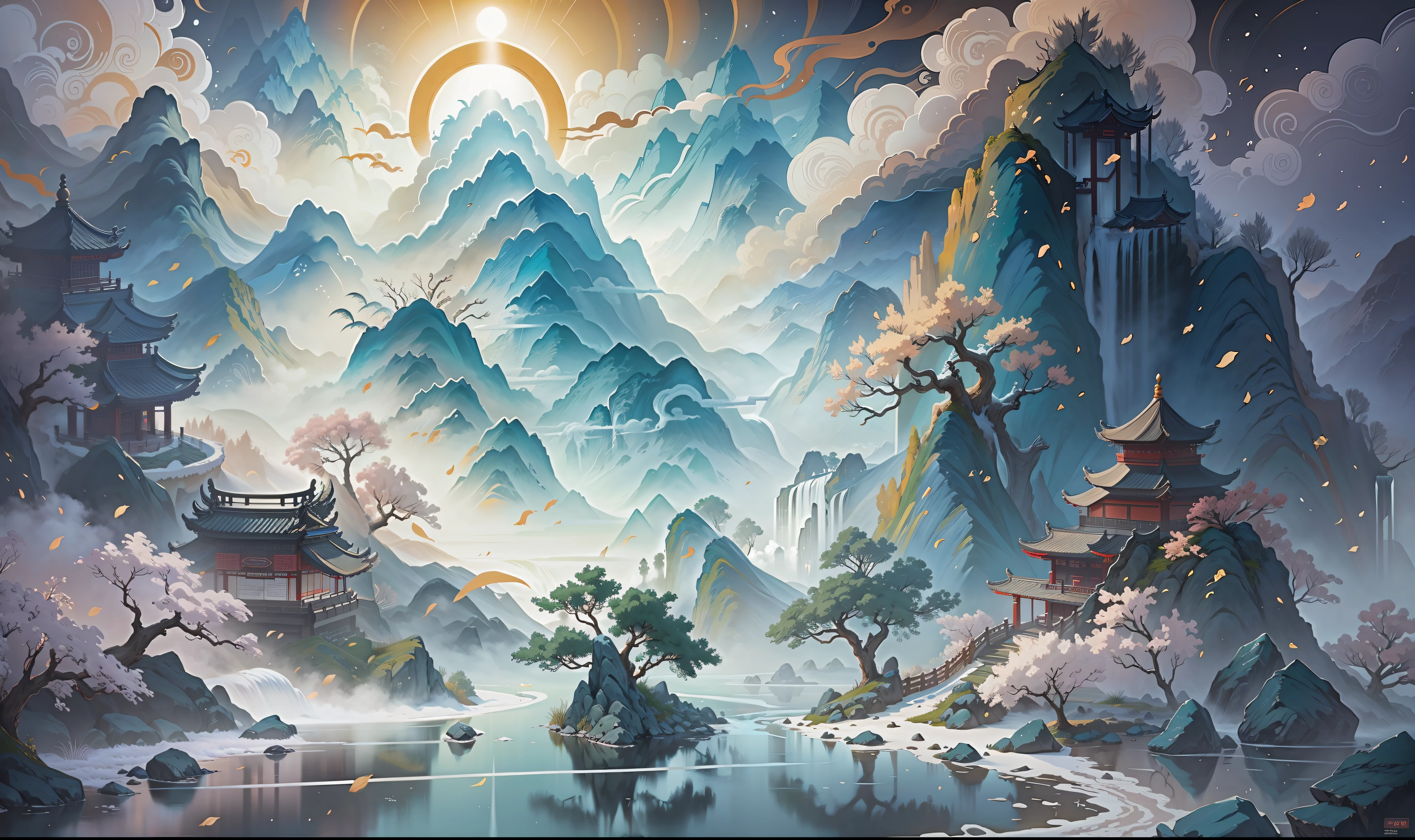 Ancient Chinese scenery, mountains, rivers, auspicious clouds, sunshine, white background, masterpiece, super detail, epic composition, Ultra HD, high quality, extremely detailed, official art, unified 8k wallpaper, Super detail, 32k -- v 6