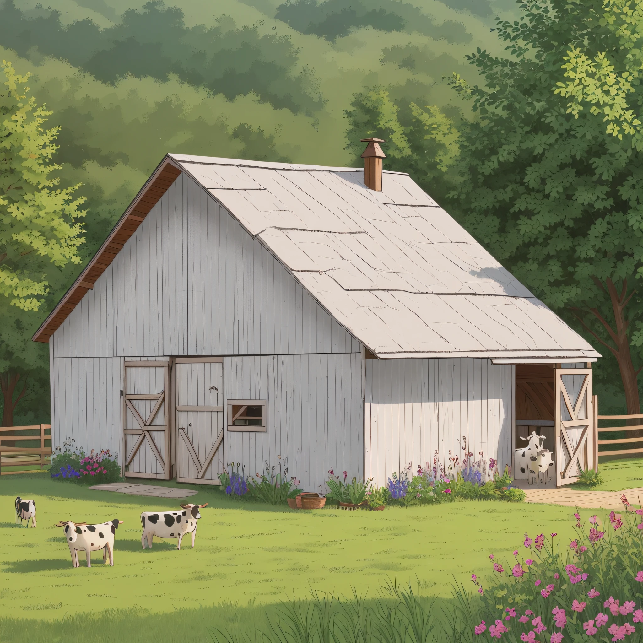 Picture quality 4K, 2D cartoon, hand drawn, farmhouse cowshed, a small cow standing sideways --auto --s2
