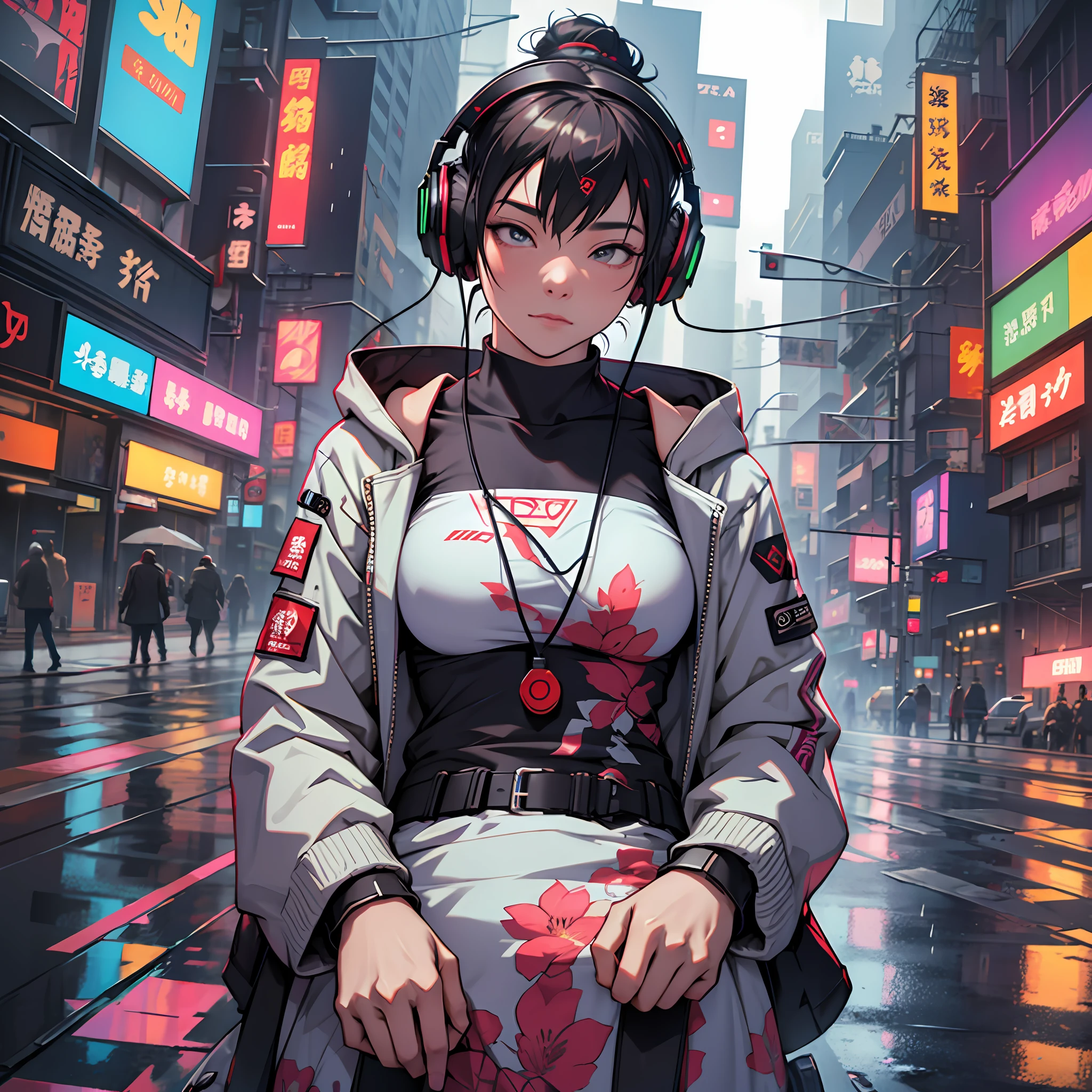Girl meditating on the streets of New York, light rain, headphones, Buddhist clothing, Cyberpunk --auto --s2