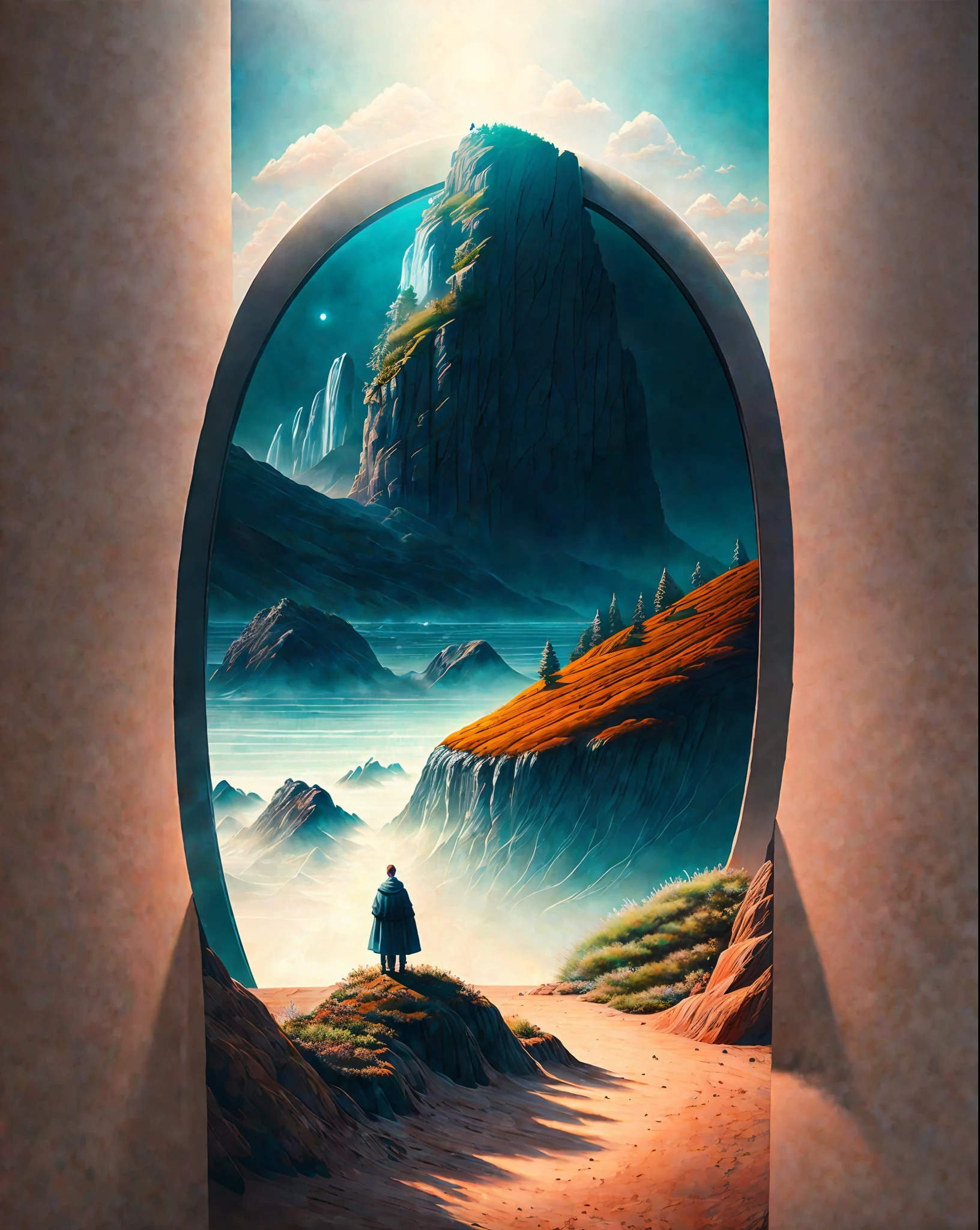Craft a mesmerizing scene that deeply connects with the viewer, evoking a range of emotions and leaving an indelible impact without relying on words. Use a vibrant and contrasting color palette to intensify the visual impact. Depict a solitary figure standing at the edge of a breathtaking cliff, overlooking a vast and awe-inspiring landscape. Let the figure's posture and facial expression convey a mixture of awe, contemplation, and a hint of melancholy. Surround the scene with elements of nature, such as swirling clouds, distant mountains, or a cascading waterfall, to enhance the immersive experience. Infuse the atmosphere with a touch of magic or mystery, perhaps through subtle glowing orbs or ethereal light. Allow the composition and details of the scene to captivate the viewer and invite them on an emotional journey that lingers in their thoughts long after they've seen the artwork., intricate, masterpiece, expert, insanely detailed, 4k, composition, centered, intricate, volumetric lighting, beautiful, sharp focus, ultra detailed